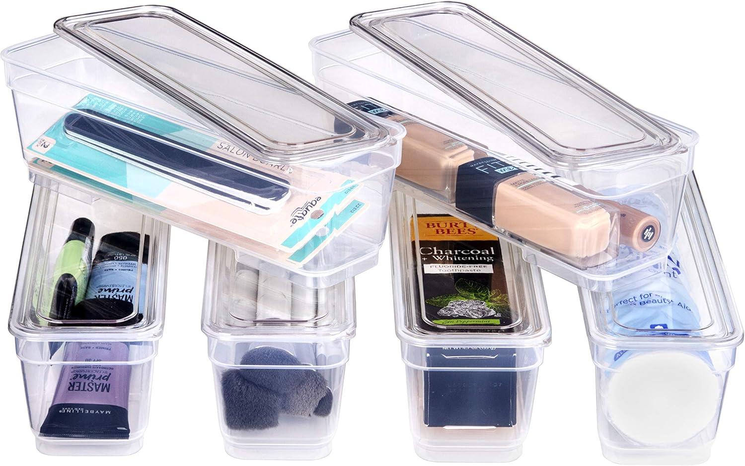 AB Designs Bin Pack, [6] Long Home Organizer Storage Boxes with Lids, Translucent Clear