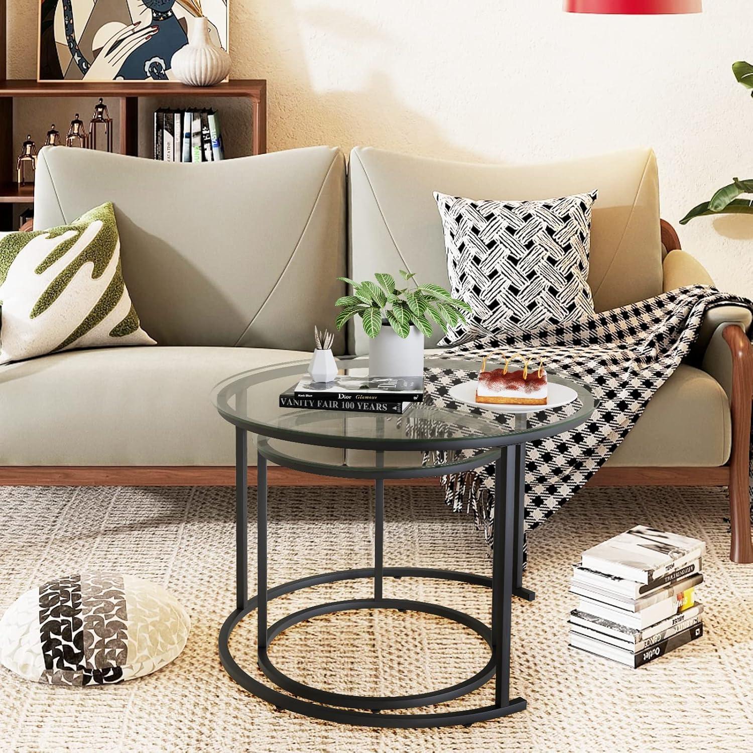 Nesting Coffee Table Set of 2,Modern Black Tempered Glass Side Table, Metal Frame Round End Table.Small Glass Tea Table for Living Room,Bedroom Studio Apartment Essentials，17.7IN