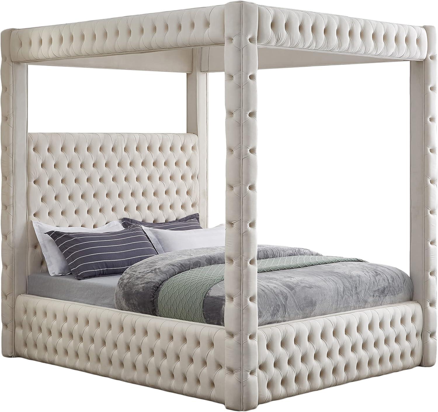 Cream Velvet Tufted Upholstered Queen Canopy Platform Bed