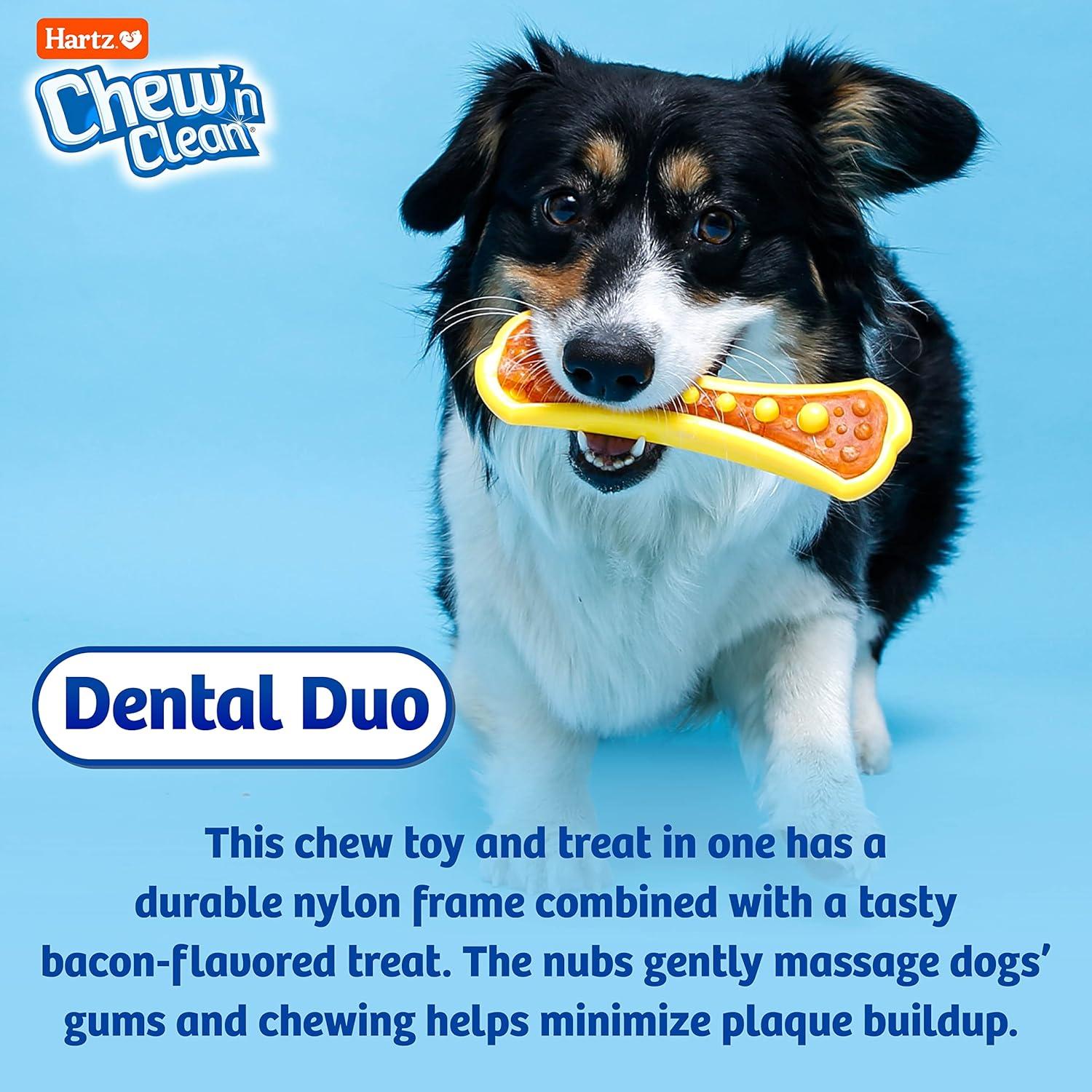 Hartz Chew 'n Clean Medium Dental Duo Dog Chew Toy and Bacon Flavored Treat in One, 3 Pack