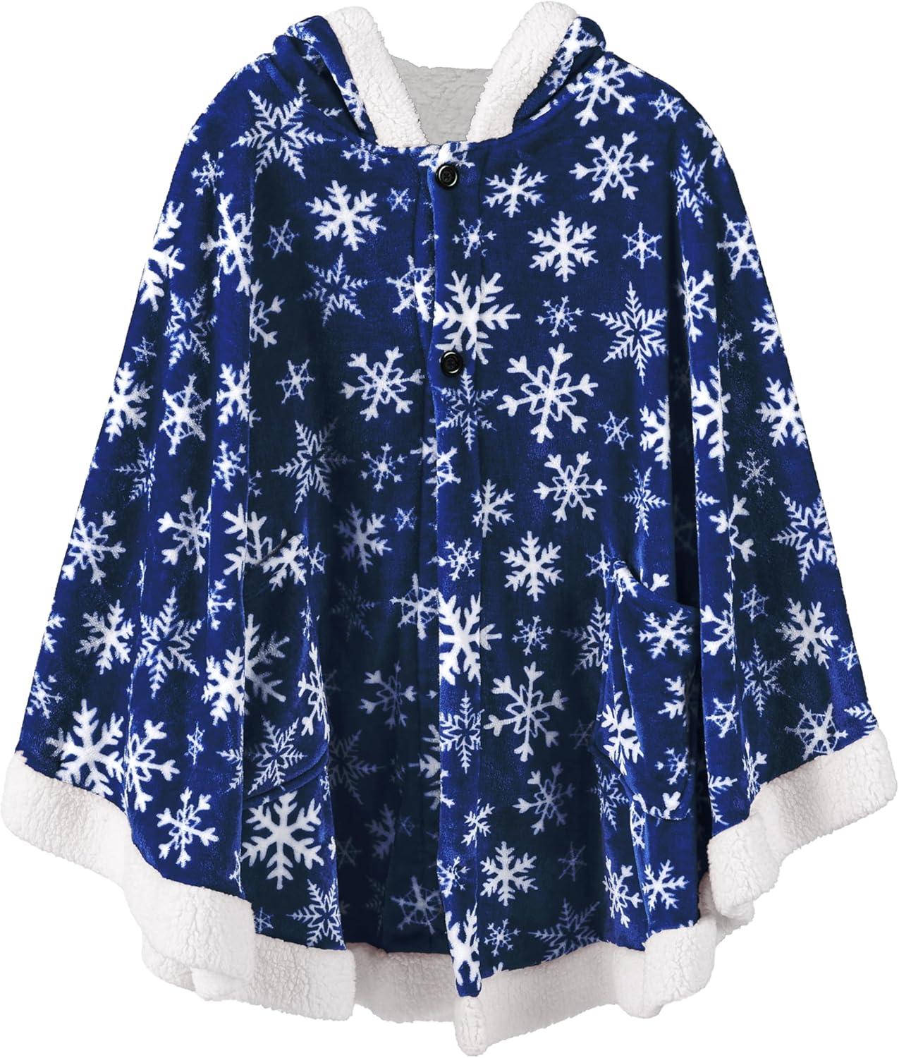 PAVILIA Angel Wrap Hooded Blanket for Women Adult, Wearable Cozy Wrap Throw Fleece Shawl Cape, Snowflake Blue/Faux Shearling