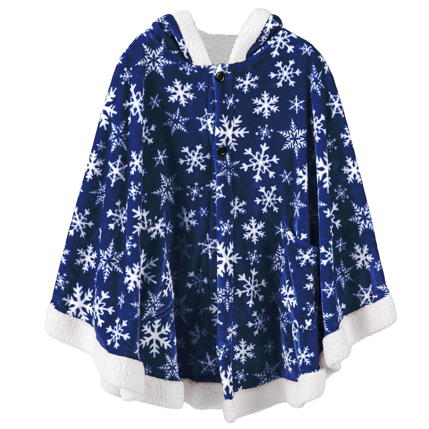 PAVILIA Angel Wrap Hooded Blanket for Women Adult, Wearable Cozy Wrap Throw Fleece Shawl Cape, Snowflake Blue/Faux Shearling