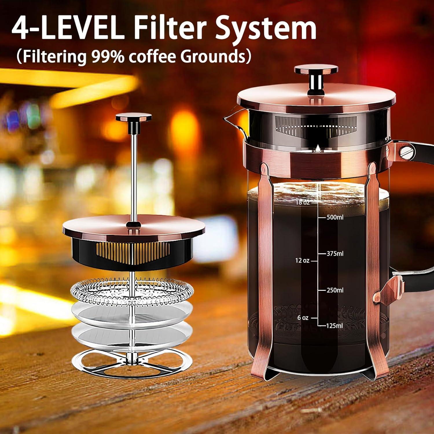 French Press Coffee Maker (21oz 600ML 3-4Cup) Coffee Press, with 4 Filters System, Heat Resistant Thickness Borosilicate Glass, Cold Brew Coffee Tea Pot Gifts (Copper)