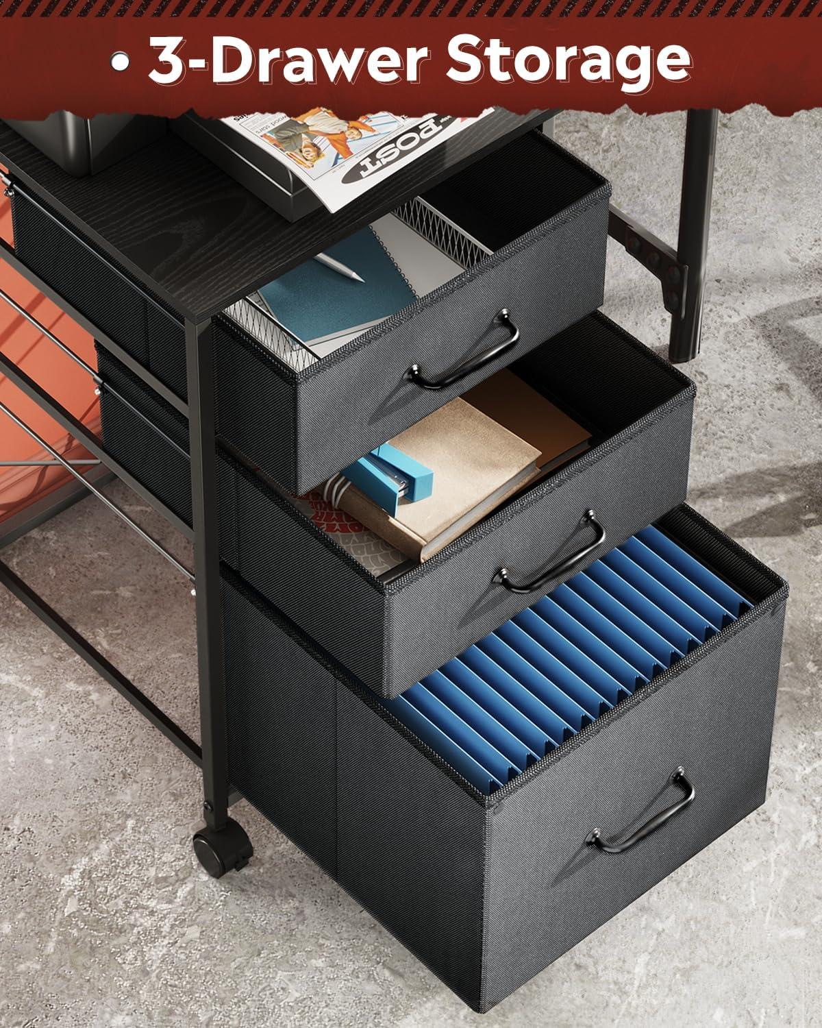 Black Fabric 3-Drawer Mobile File Cabinet with Steel Frame