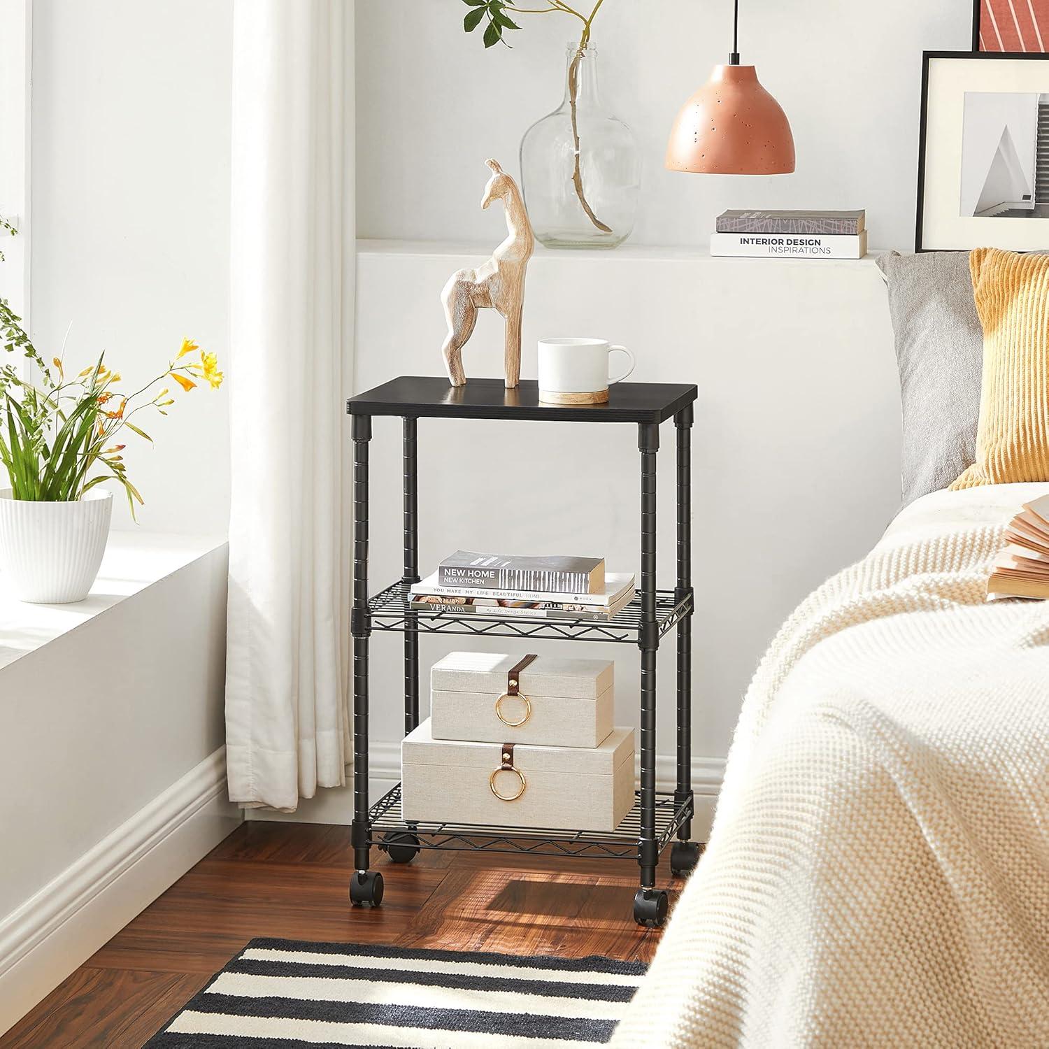 SONGMICS 3 Tier Wide Printer Stand with Wheels, Rolling Printer Table Cart with Metal Storage Shelf, for Home and Office, 16.1 x 12.2 x 26.8 Inches, Black ULGR303B01