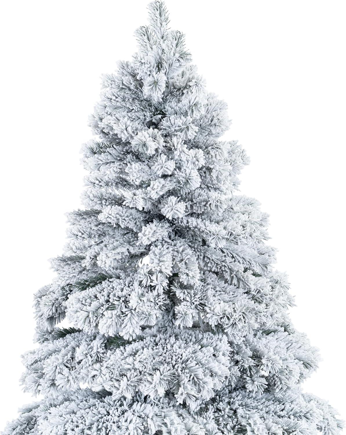 Brittany 7.5ft Snow Flocked Christmas Tree Prelit with 1324 Branch Tips, 650 Warm Lights and Metal Stand, 57" wide Realistic Nevada Frosted Christmas Tree with Lights by Naomi Home