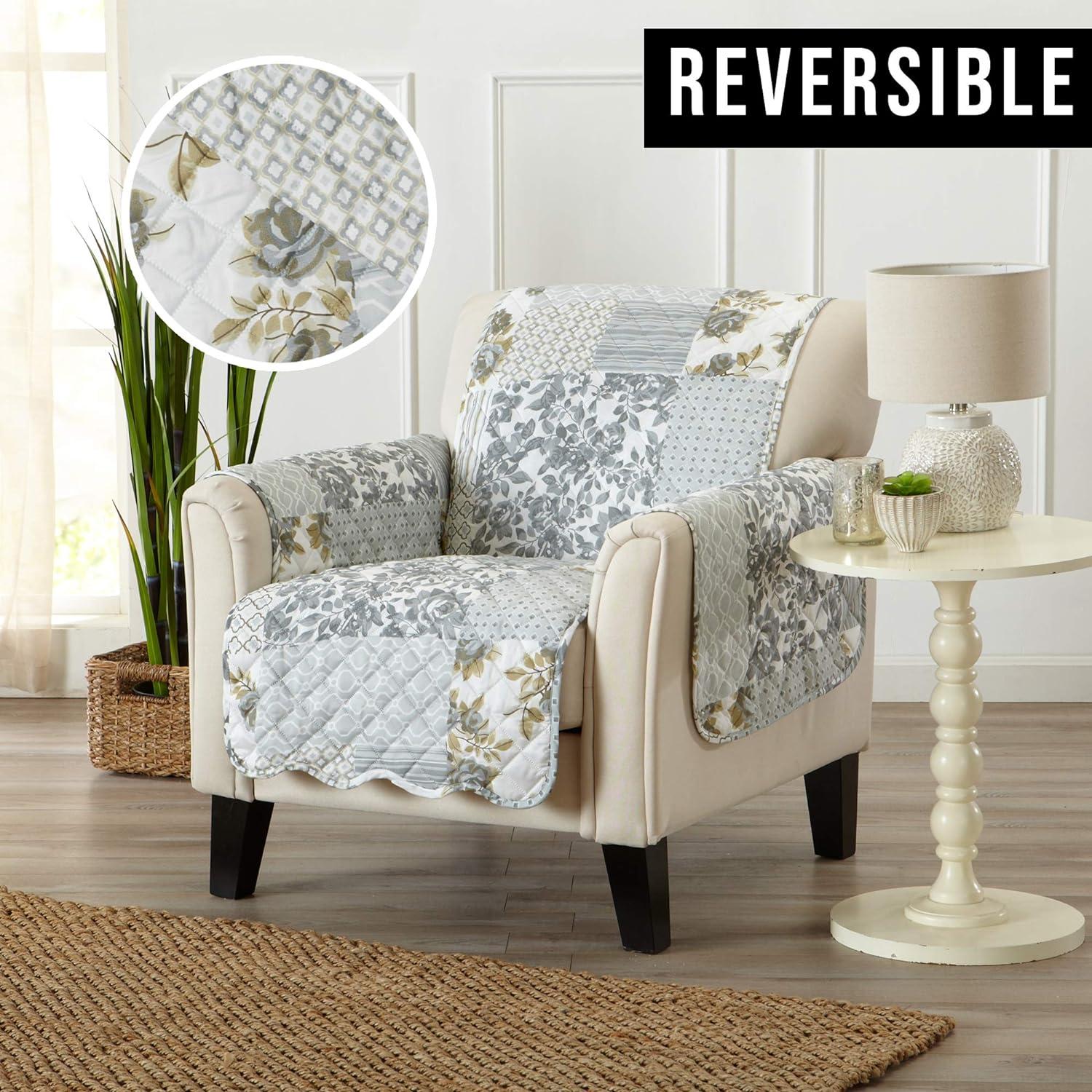 Gray Reversible Patchwork Scalloped Chair Furniture Protector