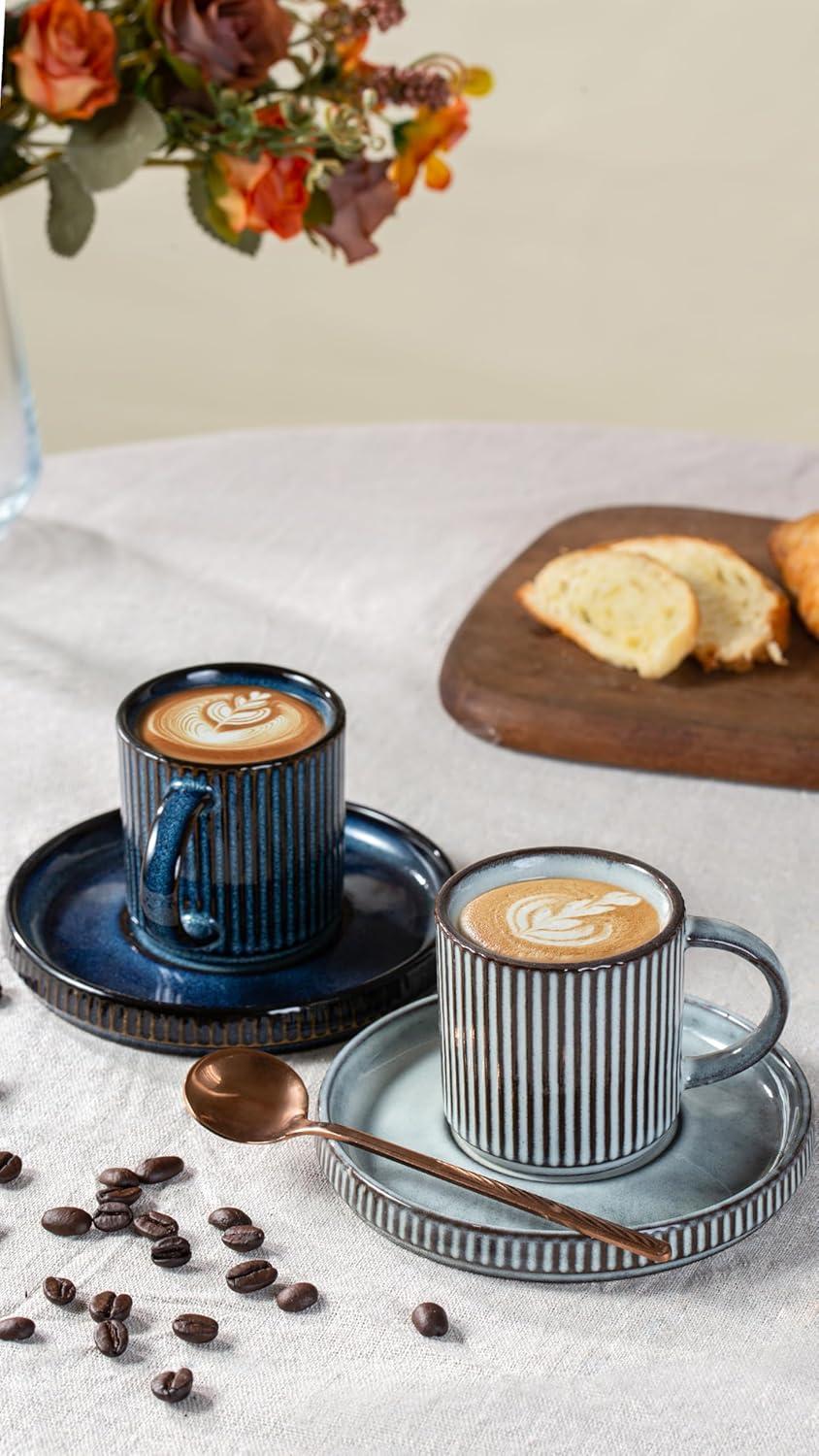 Espresso Cups and Saucers Set of 4, [ Mini ] 3 oz Ceramic Small Coffee Mug with Handle, Ribbed Stoneware Demitasse Cup for Tea, Latte - Microwave & Dishwasher Safe - Nebulas Blue