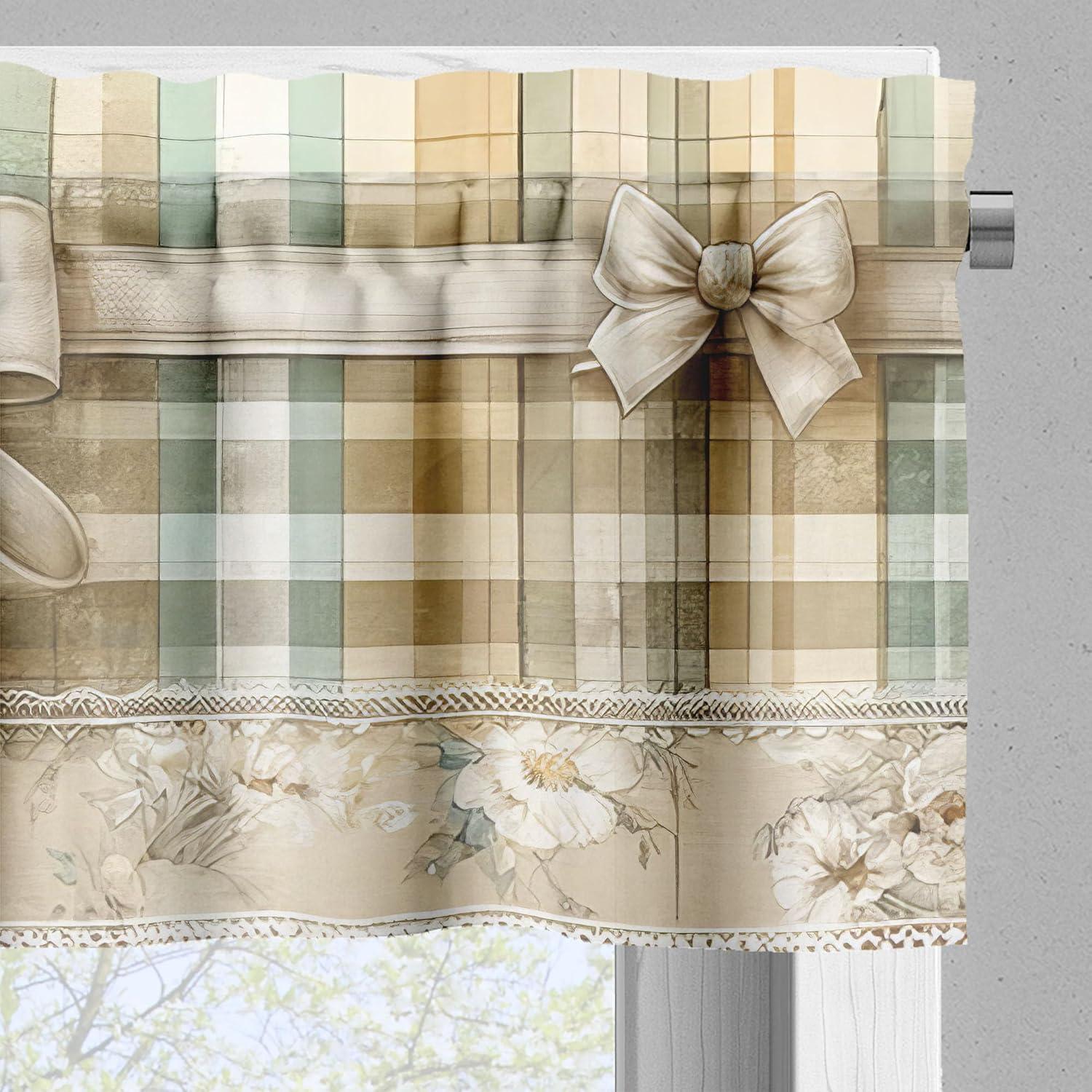 Ambesonne Farmhouse Valance & Curtain 3 Pcs Set, Tartan Nostalgia Flowers, 55"x24", Ecru Seafoam Eggshell