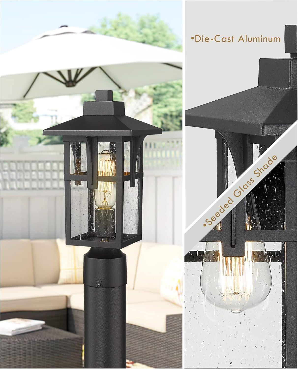 Matte Black Seeded Glass Outdoor Post Light Set