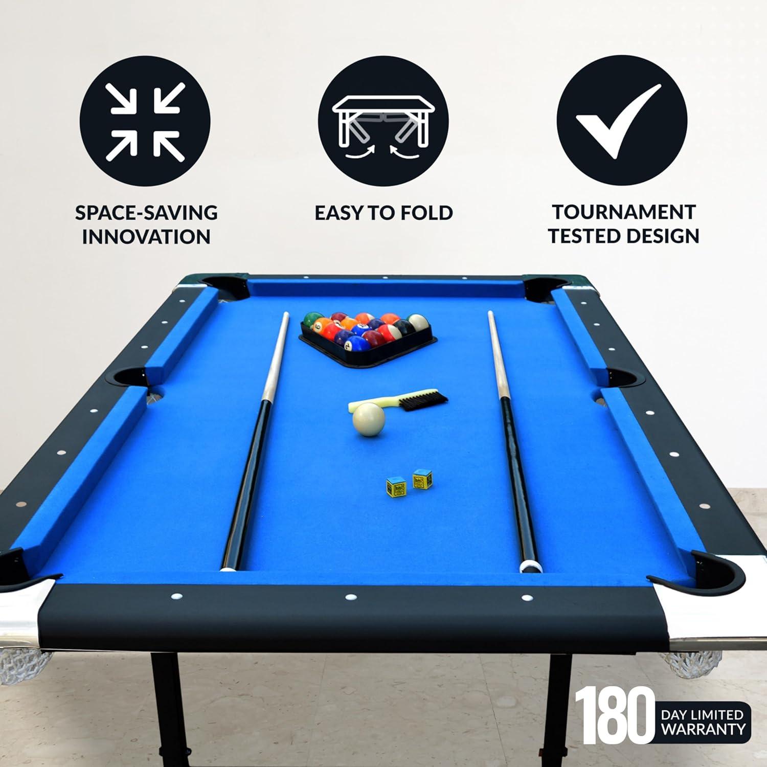 Hathaway Fairmont 6 Ft Portable Pool Table, Adult Folding Billiards Table for Game Room with Easy Foldable Storage, Includes Billiard Balls, Cues, Chalk & Brush