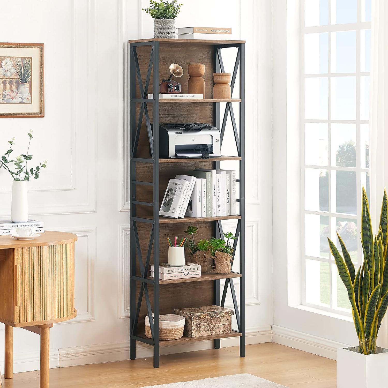 Vintage Brown 6-Tier Adjustable Industrial Bookshelf