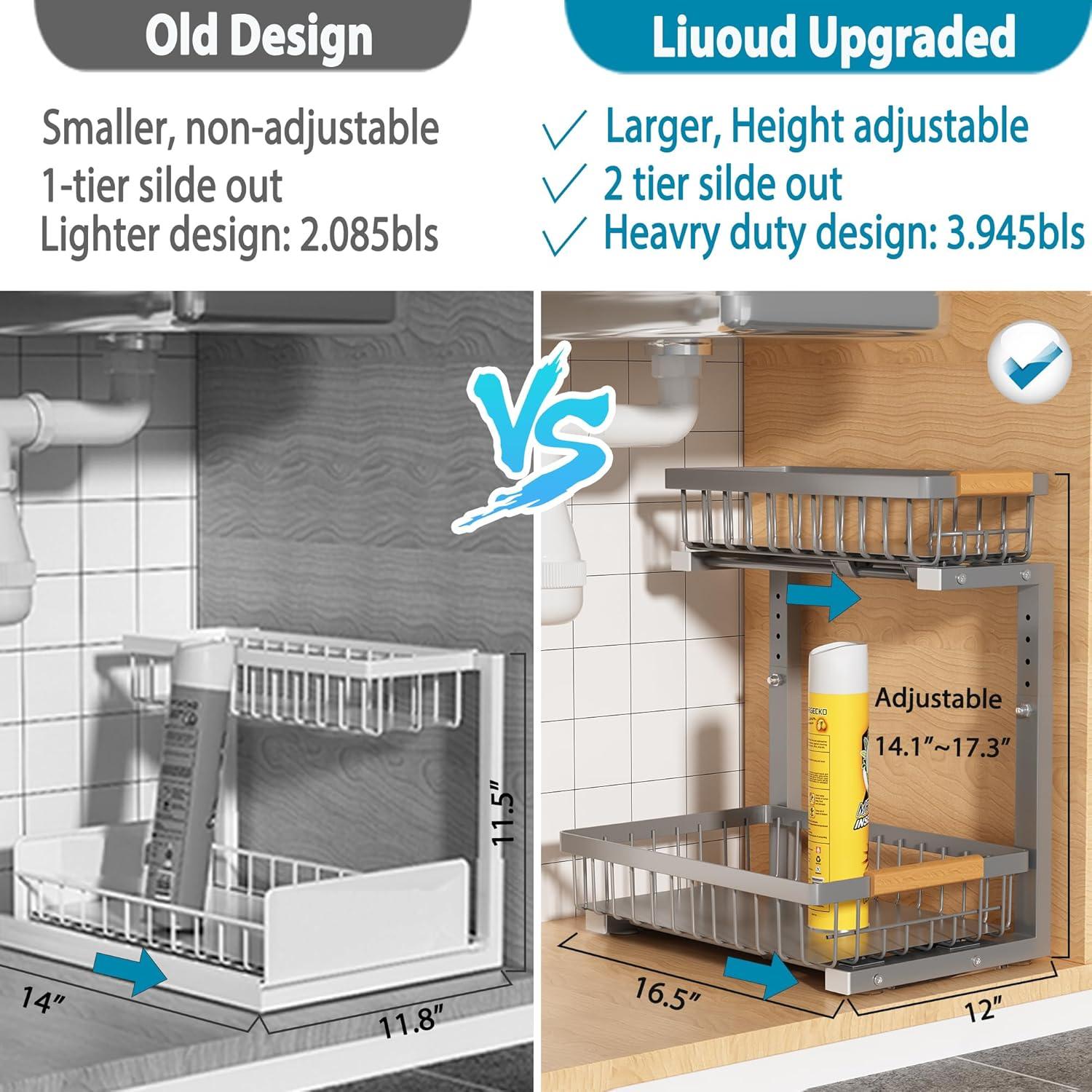 Under Sink Organizer Storage 2 Pack, 2 Tier Slide Out Height Adjustable Pull Out Cabinet Organizer Drawer for Kitchen Bathroom Large Under Sink Shelf Rack Caddy for Pantry, Grey