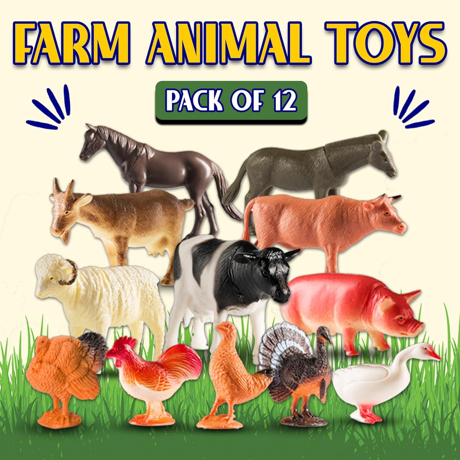 Bedwina Farm Animal Toys Realistic Animal Figurines Set Barnyard Plastic Animals, 12-Pack