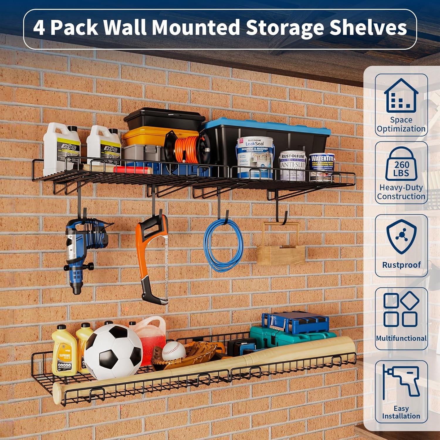 Heavy Duty Metal Wall Shelf, Reversible & Rust-Proof 4-Piece Set, 65Lbs Load Capacity, Garage, Laundry, And Kitchen Storage