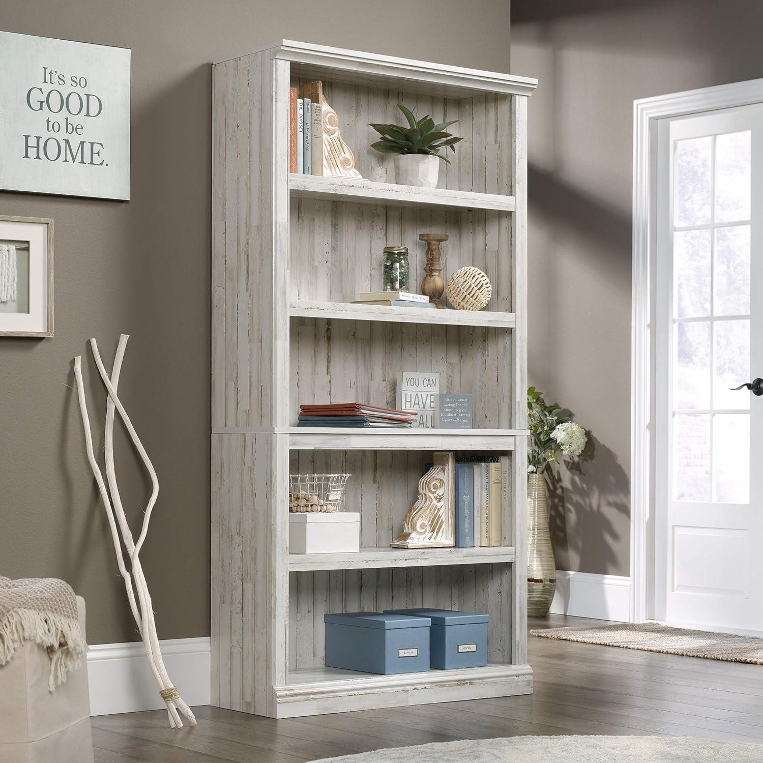 White Plank 5-Shelf Adjustable Wood Bookcase