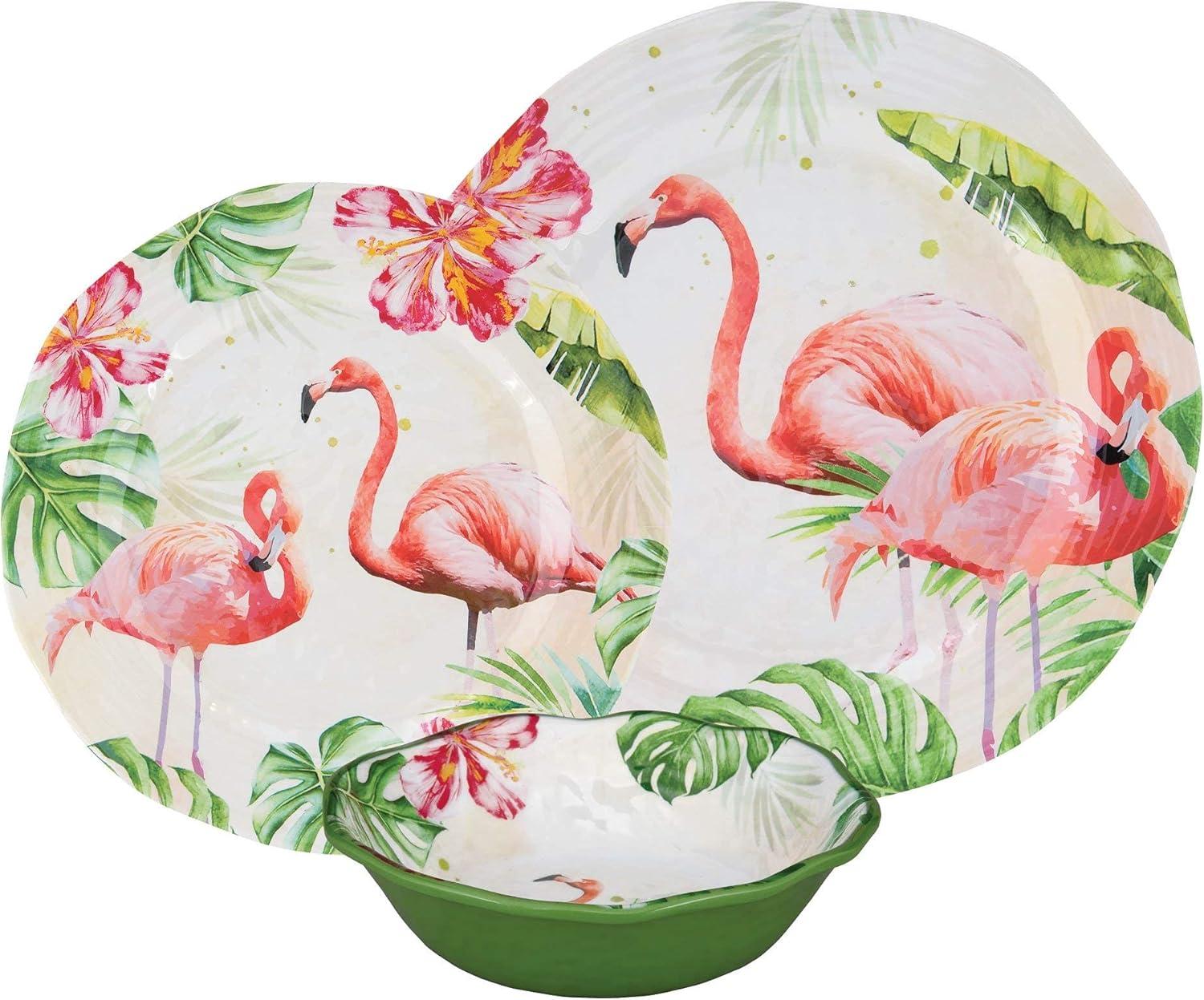UPware 12 Piece Flamingo Melamine Dinnerware Sets, Outdoor Dishes Set, Plates and Bowls Sets, Service for 4, Multicolor