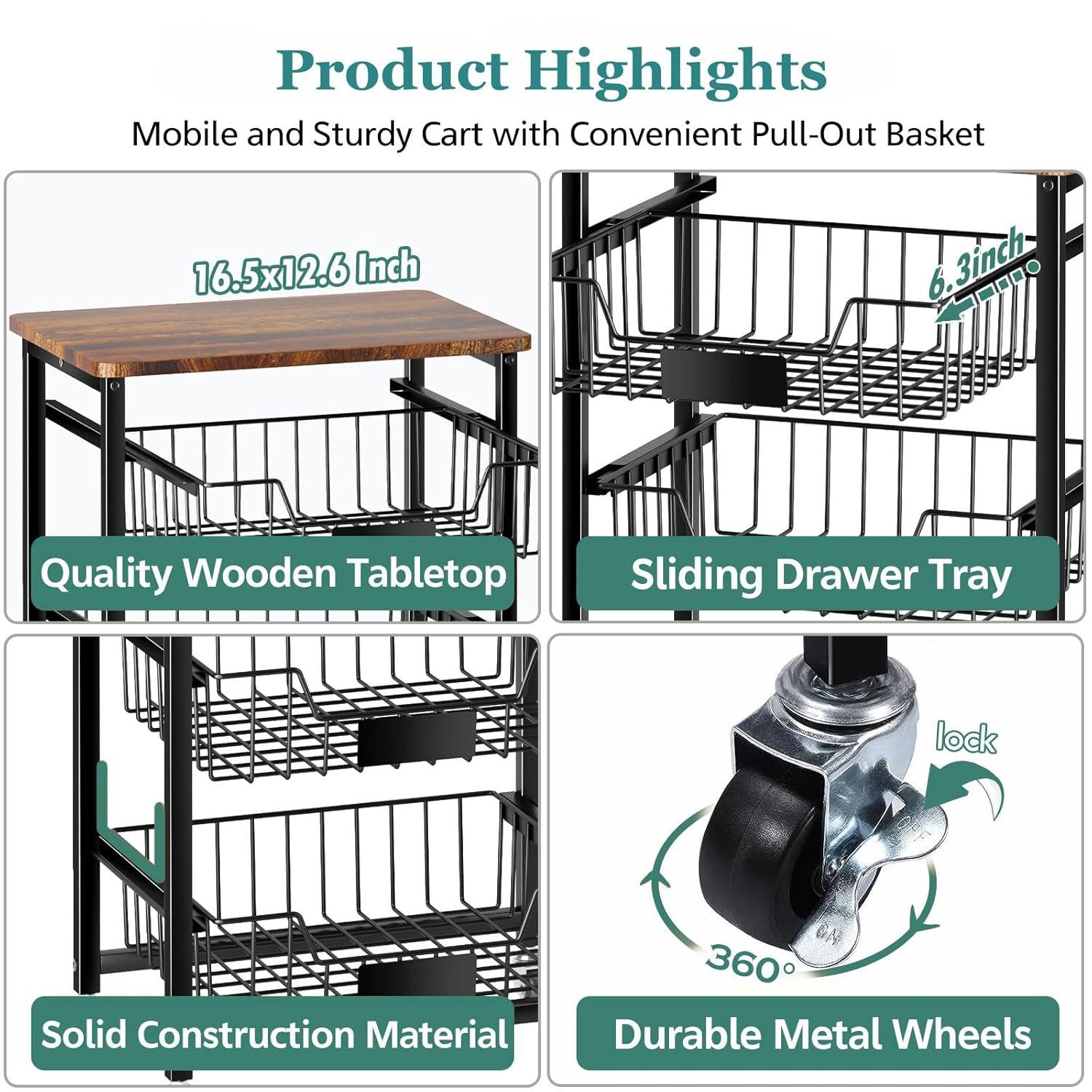 5-Tier Vegetable Fruit Basket Kitchen Storage Rolling Cart on Wheels with Pull-Out Baskets and Wood Top for Kitchen Diningroom Pantry