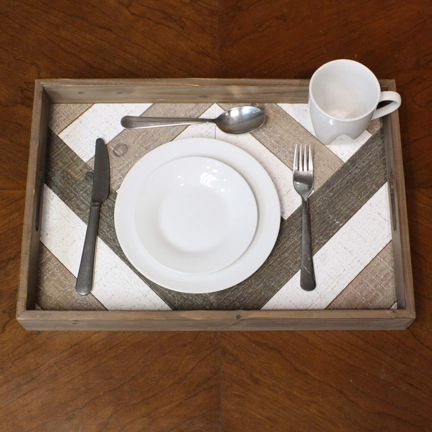 Stonebriar 18.1" x 12.3" Solid Wood Tray with Decorative Geometric Base, Brown