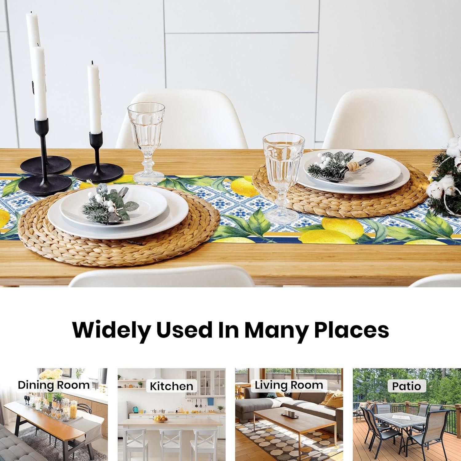 Lemon Burlap Table Runner Seasonal Spring Fall Kitchen Dining Linen Table Decoration for Indoor Outdoor Home Party Dinner 13x72 Inch