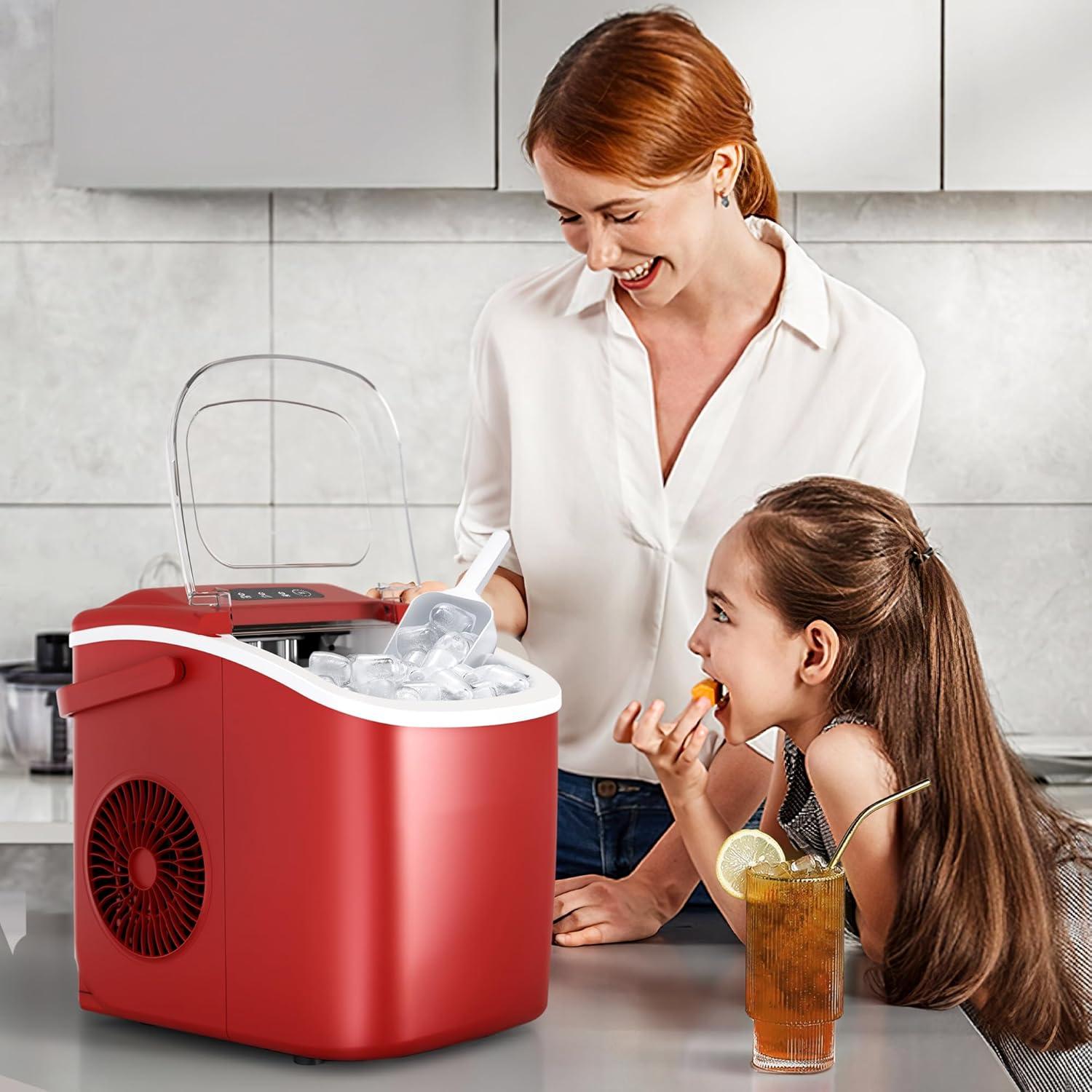 Red Portable Countertop Ice Maker with Handle and Self-Cleaning Function