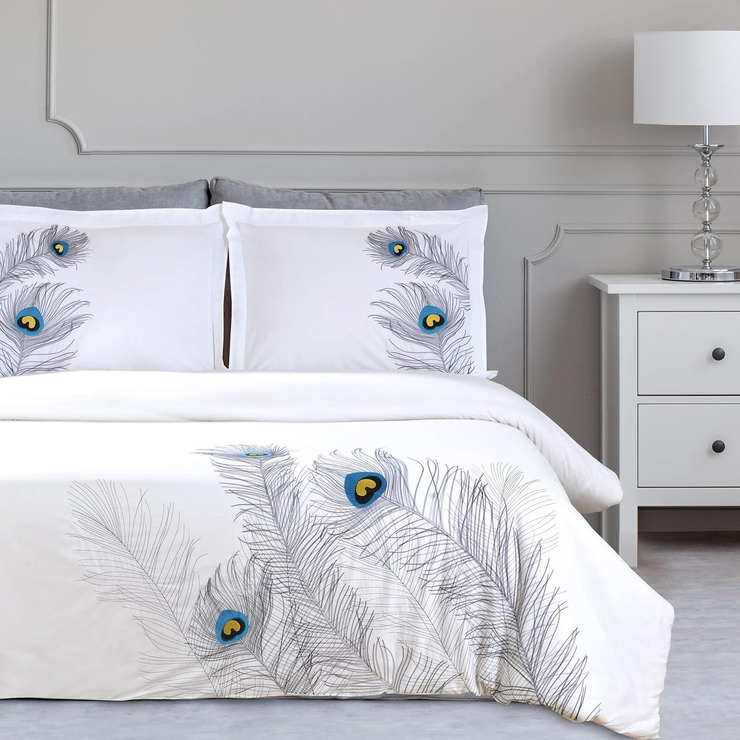 Silver Embroidered Peacock Cotton King/California King Duvet Cover Set