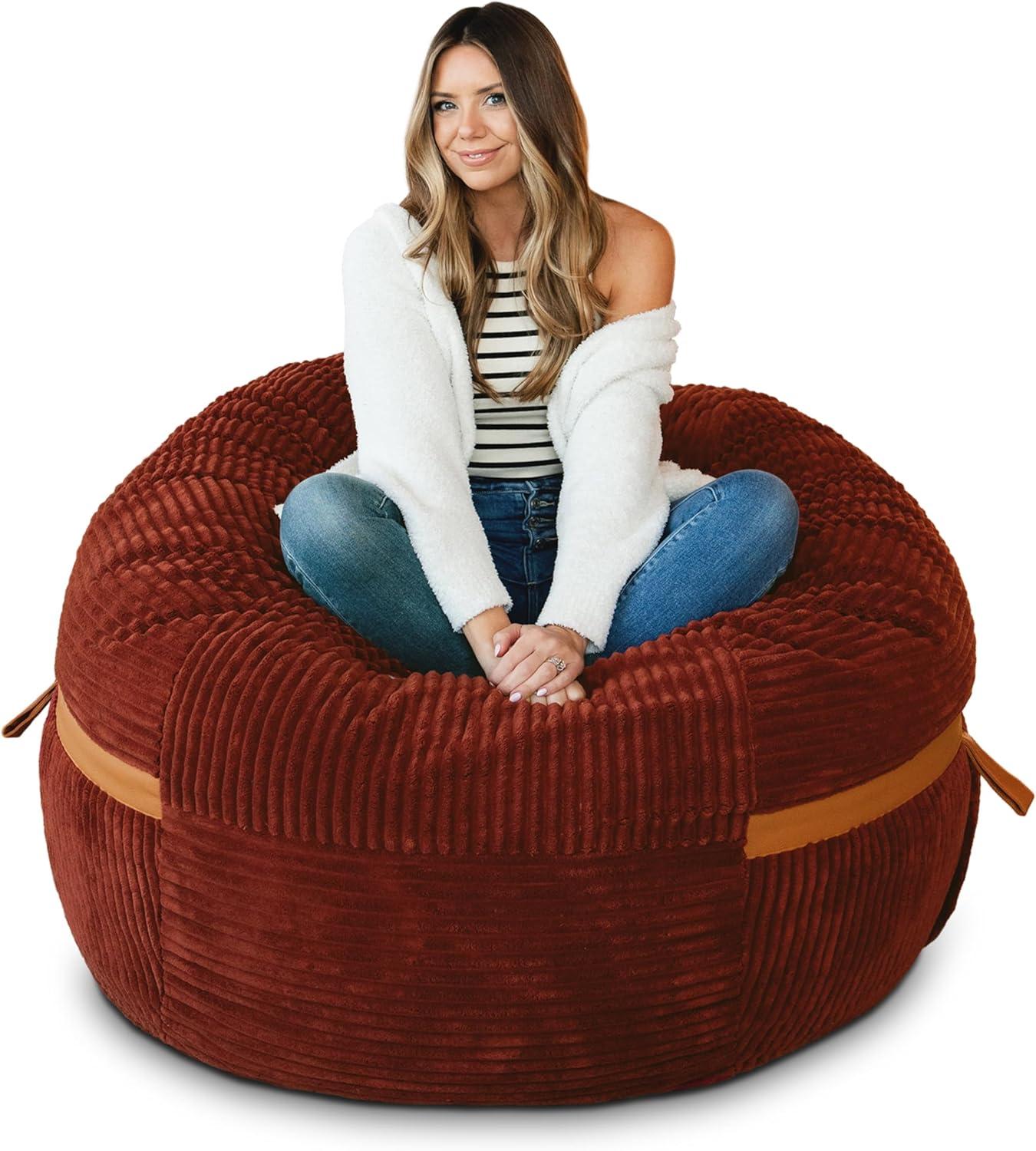 Big Joe Foam Filled Bean Bag Chair with Removable Cover, Corded Plush, Vegan Leather Accents, Medium to XXL Size