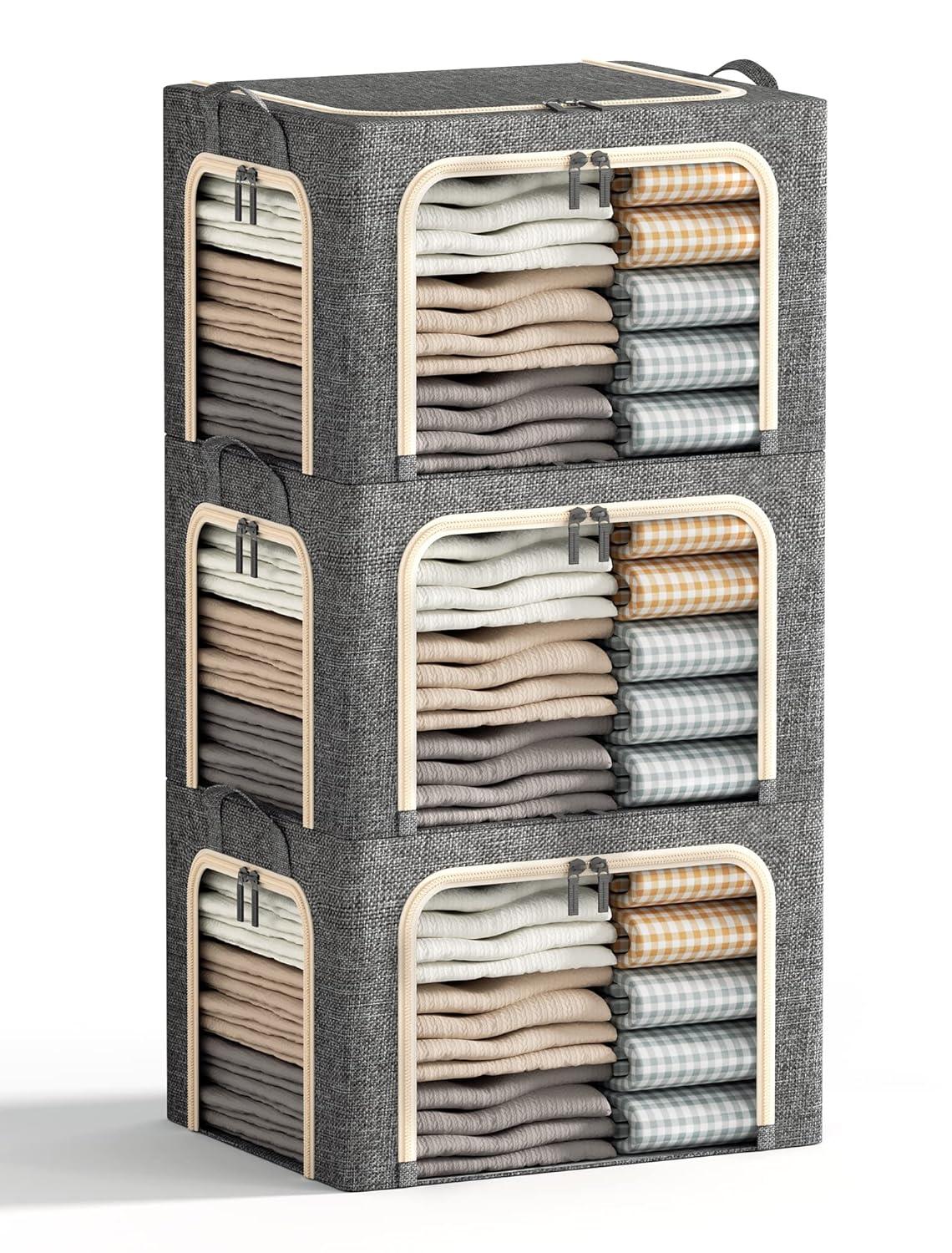 3 Openings Clothes Storage Bins With Metal Frame, Foldable Storage Bin For Clothes, Clothing Storage Bins With Lid, Linen Storage Box With Clear Window& Zippers& Durable Handles.(3 Pcs,Light Grey,40L)