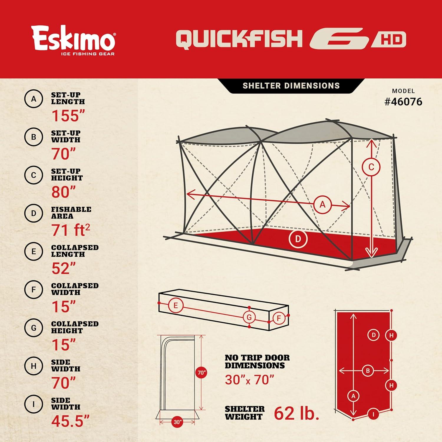Eskimo QuickFish™ 6HD, Pop-Up Portable Shelter, No-Trip Door, Red/Black, Six Person, 46076