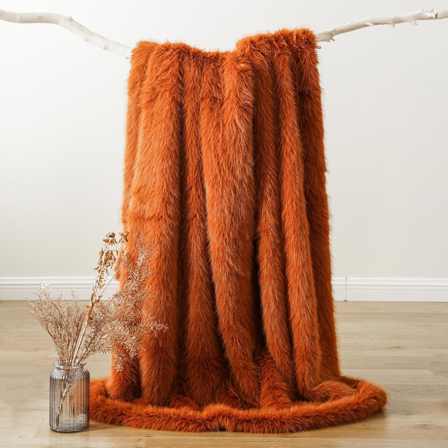 Orange Faux Fur and Velvet Throw Blanket, 50"x60"