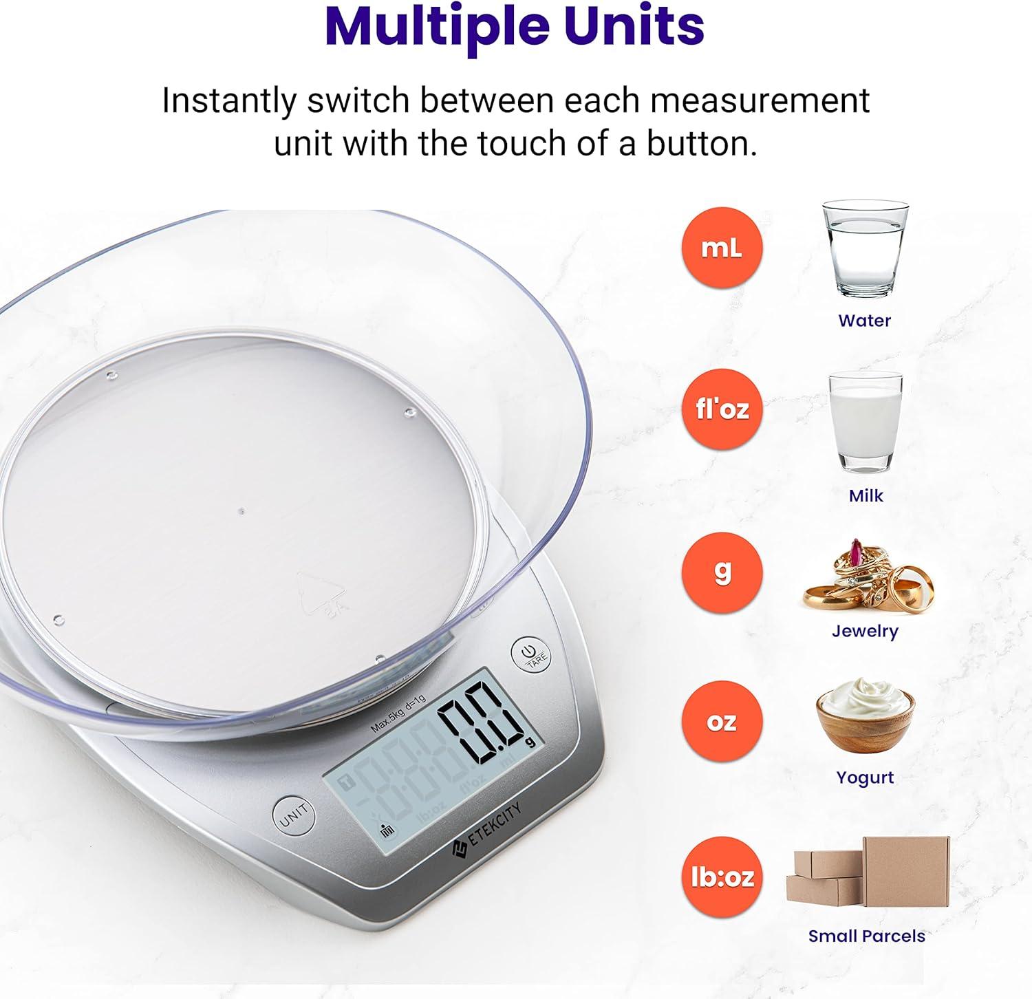 Etekcity 0.1g Food Scale with Bowl Digital Kitchen Weight Grams and Ounces for Cooking and Baking, Large Backlit Display, Silver/Stainless Steel