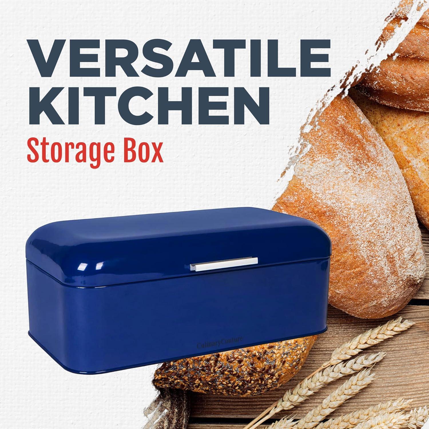 Culinary Couture Extra Large Blue Bread Box for Kitchen Countertop - Holds 2 Loaves - 16.5" x 9" x 6.5" - Stainless Steel Vintage Bread Boxes for Kitchen Counters