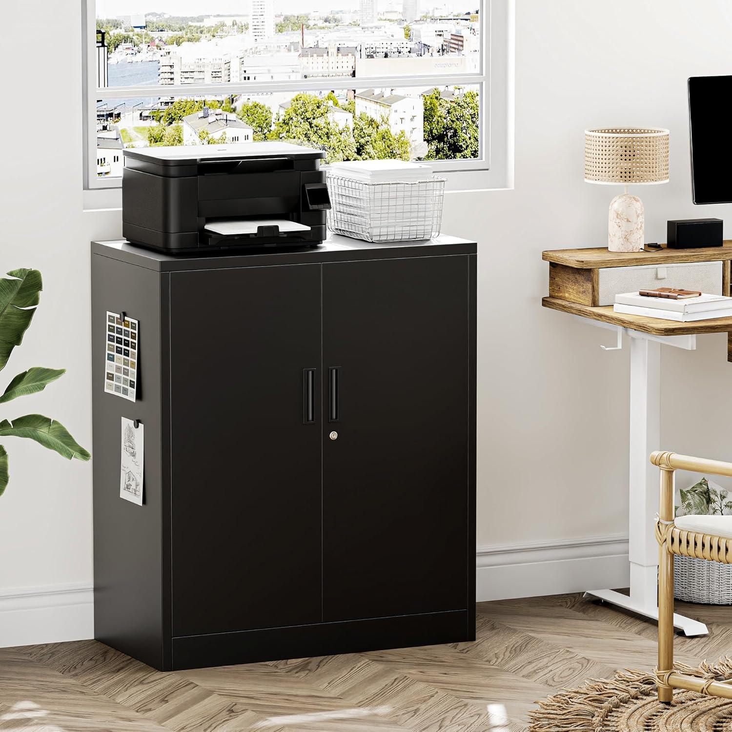 Metal Storage Cabinet, 36" H Locking Storage Cabinet with Adjustable Shelves, Steel Storage Cabinet for Garage, Home, Office, Utility Room-Black