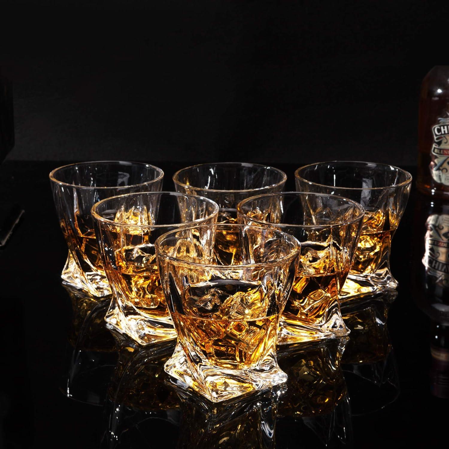 Twisted Rocks Glass 10 Oz, Set of 6 Crystal Whiskey Glasses, Lowball Bar Glassware for Bourbon Scotch Cocktail Whisky Vodka