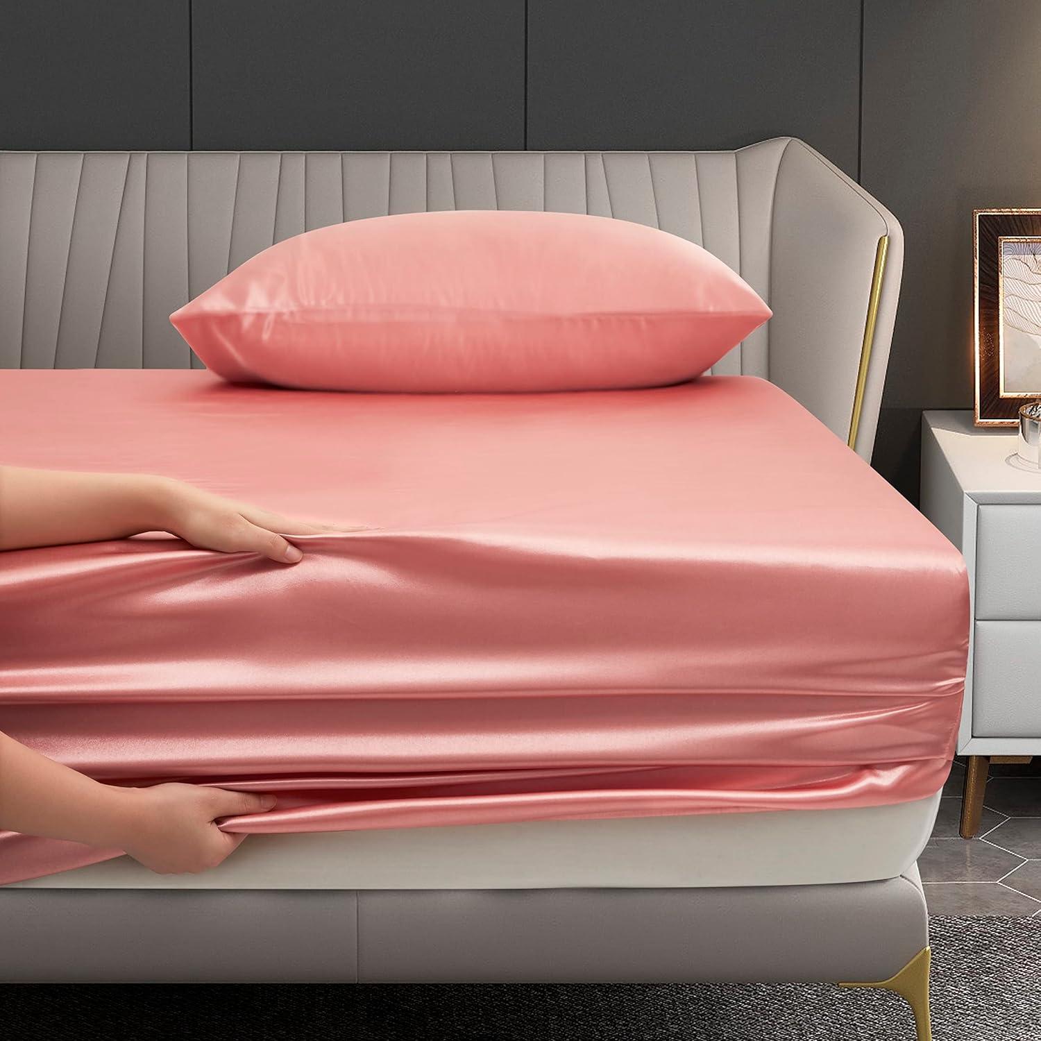 Blush Pink Queen Satin Deep Pocket Bed Sheet Set