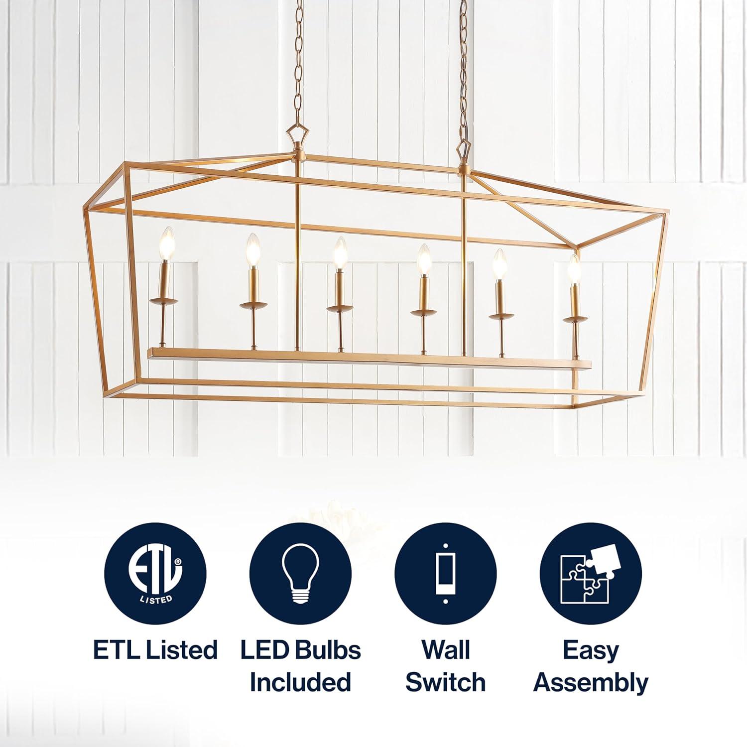 Pagoda 49" Linear 6-Bulb Lantern Metal LED Pendant, Antique Gold