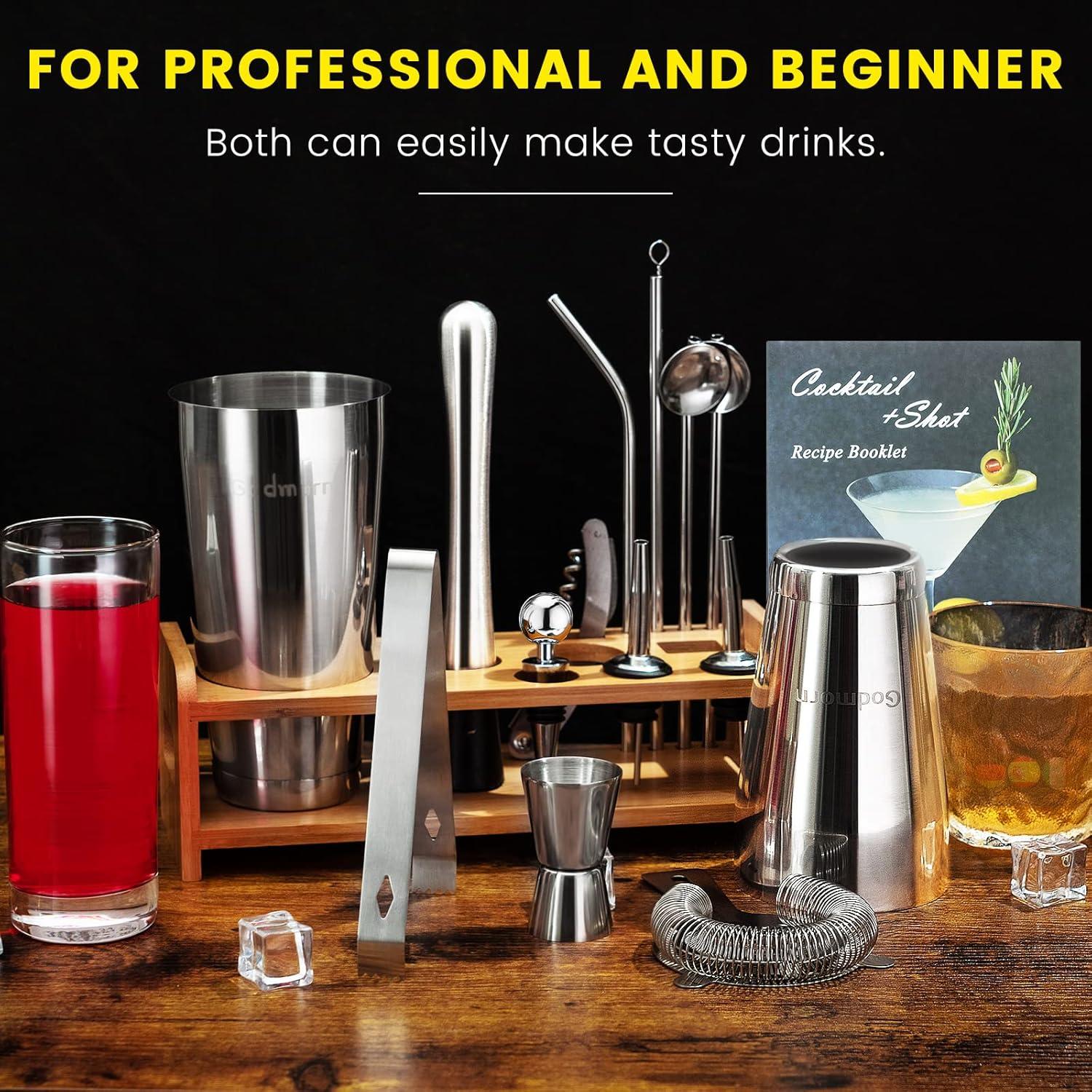 16-Piece Stainless Steel Bartender Kit with Bamboo Stand