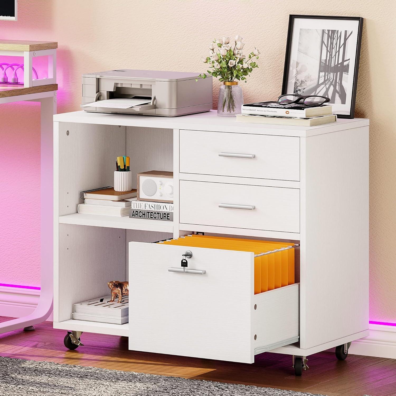 White 3-Drawer Mobile Lockable Lateral Filing Cabinet with Shelves