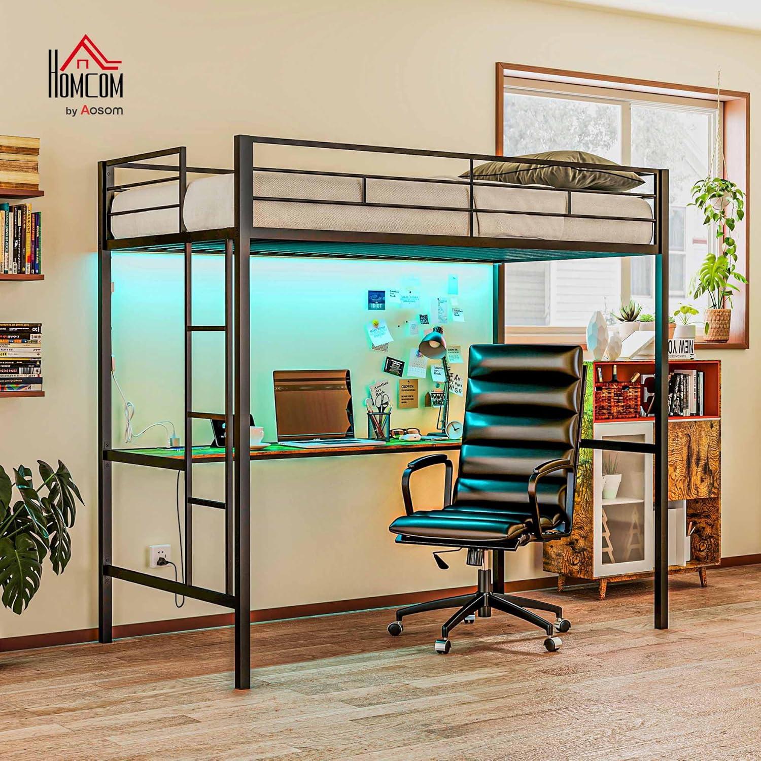 HOMCOM Twin Loft Bed with Desk, LED Lights, Charging Station, Twin Size Metal Loft Bed Frame with Safety Guardrail, Ladder, Noise Free, Black