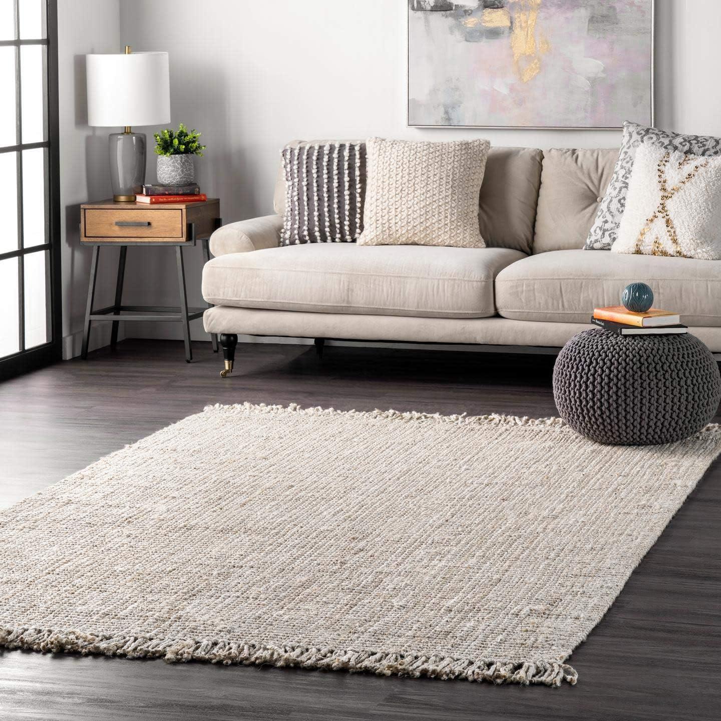 Handmade Off-White Braided Jute Square Area Rug, 6' x 6'