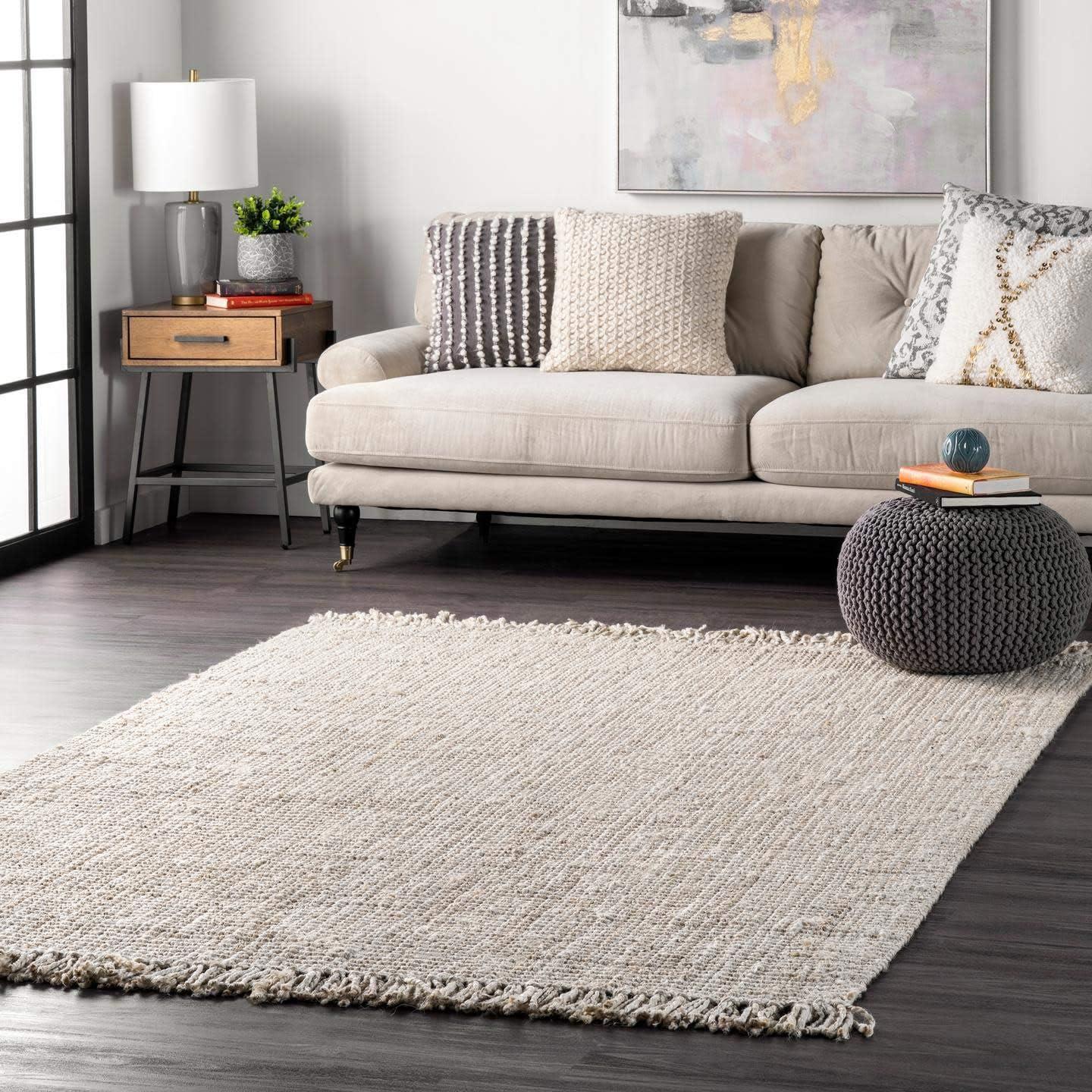 Nuloom 6 Square Daniela Jute Tassel Hand Woven Indoor Area Rug, Off White, Solid Chunky Farmhouse Design, Natural Fiber BedroomLiving Room