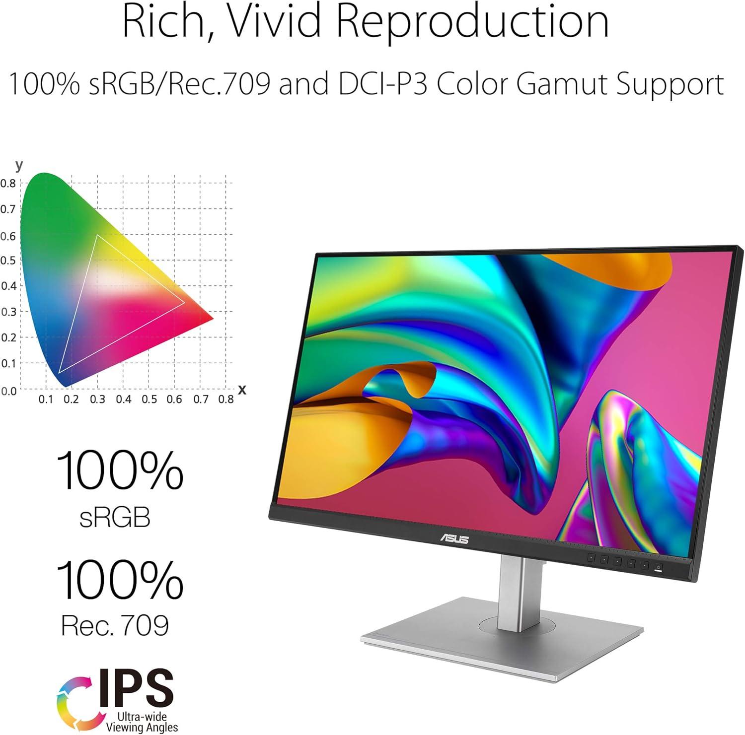 ASUS ProArt PA278CV Professional Monitor – 27", IPS, QHD (2560 x 1440), 100% sRGB, 100% Rec. 709, Color Accuracy ΔE < 2, Calman Verified, USB-C, DisplayPort Daisy-chaining, ProArt Preset,  Ergo Stand