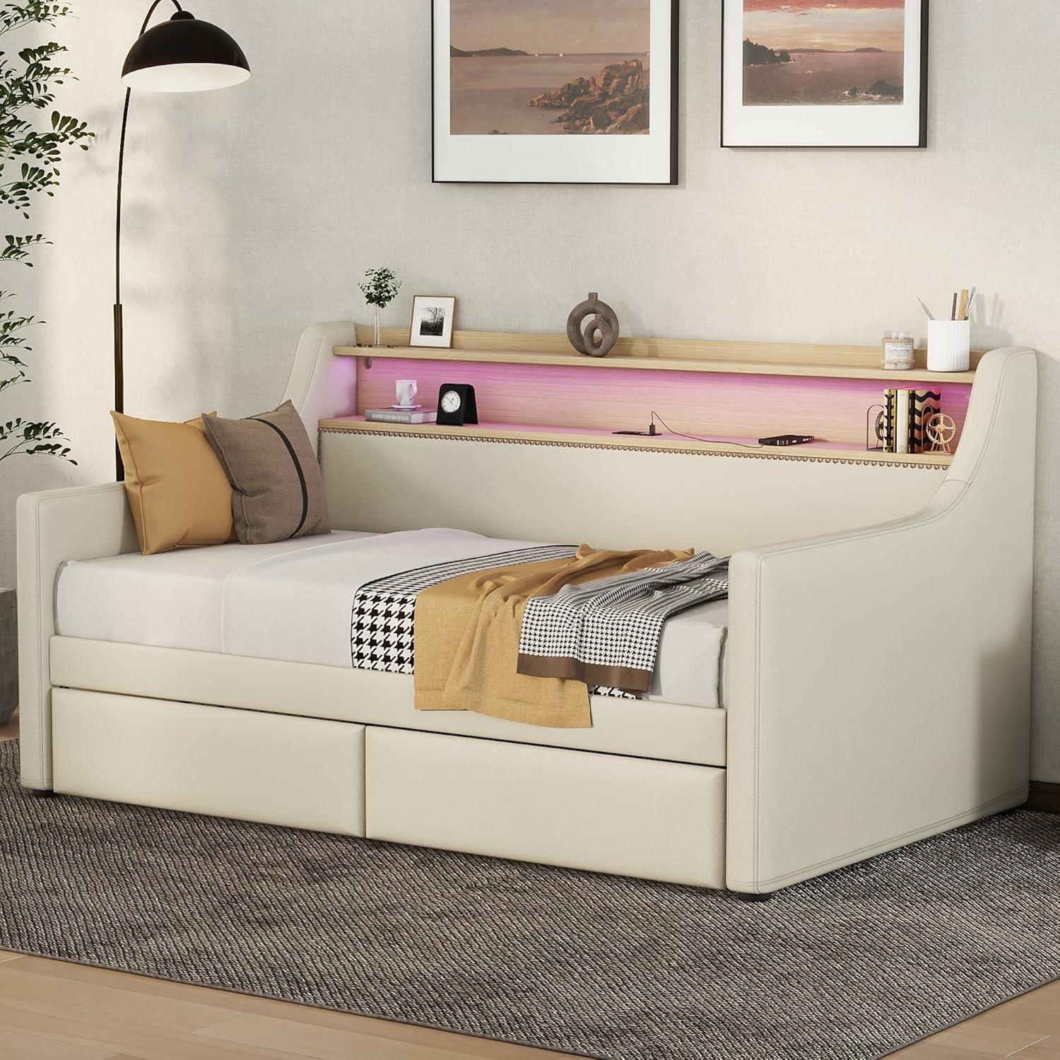 Miekor Muebles Sofá Cama Twin con Cajones de Almacenamiento, Sofá Cama Tapizado con Estación de Carga y Luces Led, Beige (Artículo Antiguo W1580S00022) 00033
