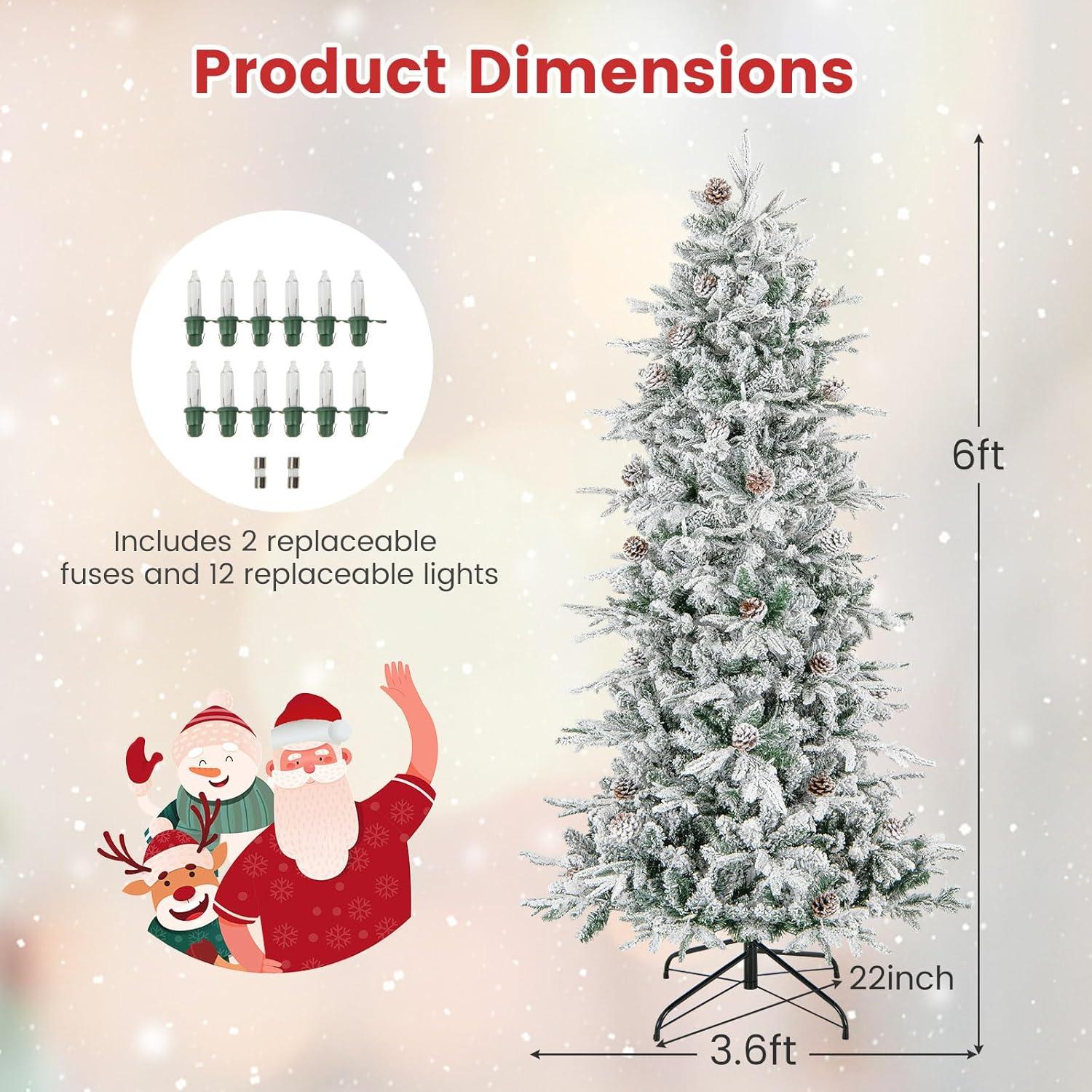 Tangkula 6 FT Pre-lit Artificial Christmas Tree Snow-flocked Hinged Xmas Tree with 210 Warm White Lights 715 Mixed Branch Tips