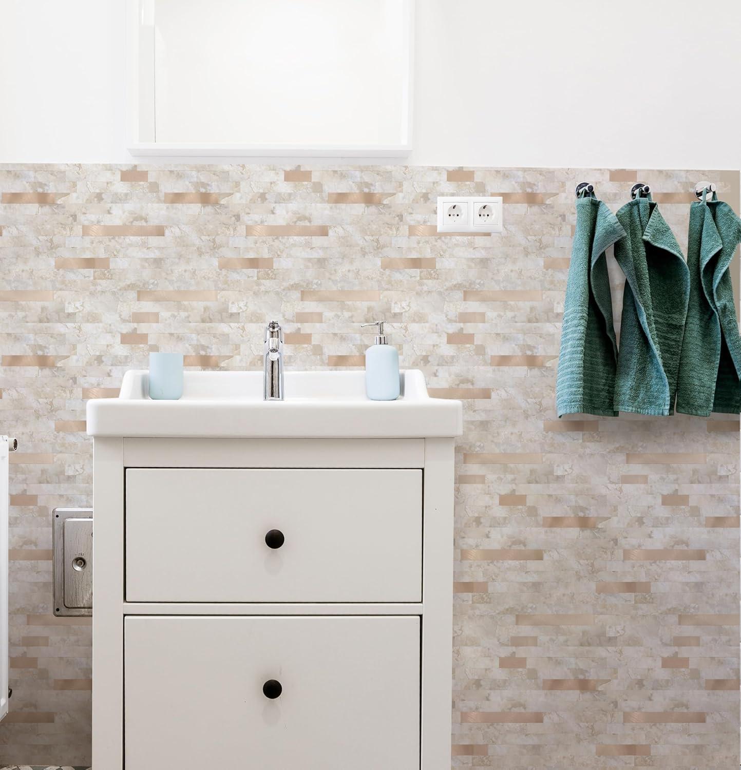 10-Pack Peel and Stick Tile Backsplash 12"X12" PVC Wall Tiles, Stick on Backsplash for Kitchen, Bathroom Tile, Fireplace Décor, Laundry Table, Stair Decals in Cala Golden