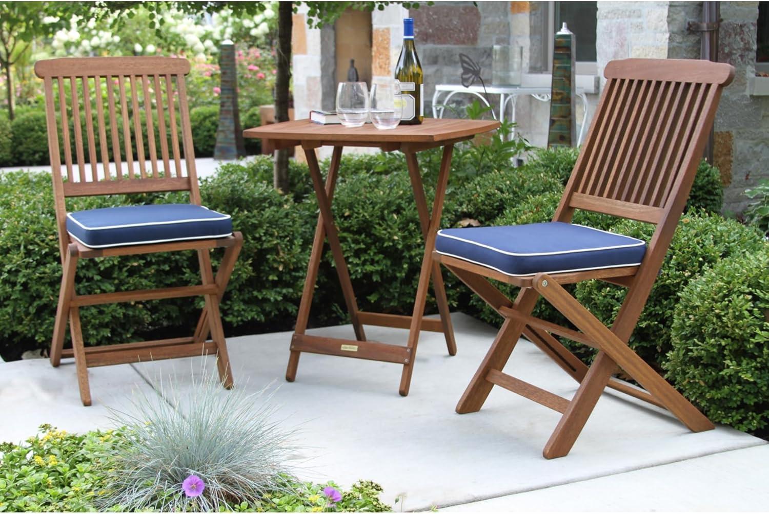 Outdoor Interiors Eucalyptus Wood 3-Piece Square Foldable Bistro Outdoor Furniture Patio Set, Table and 2 Chairs with Cushions, Blue