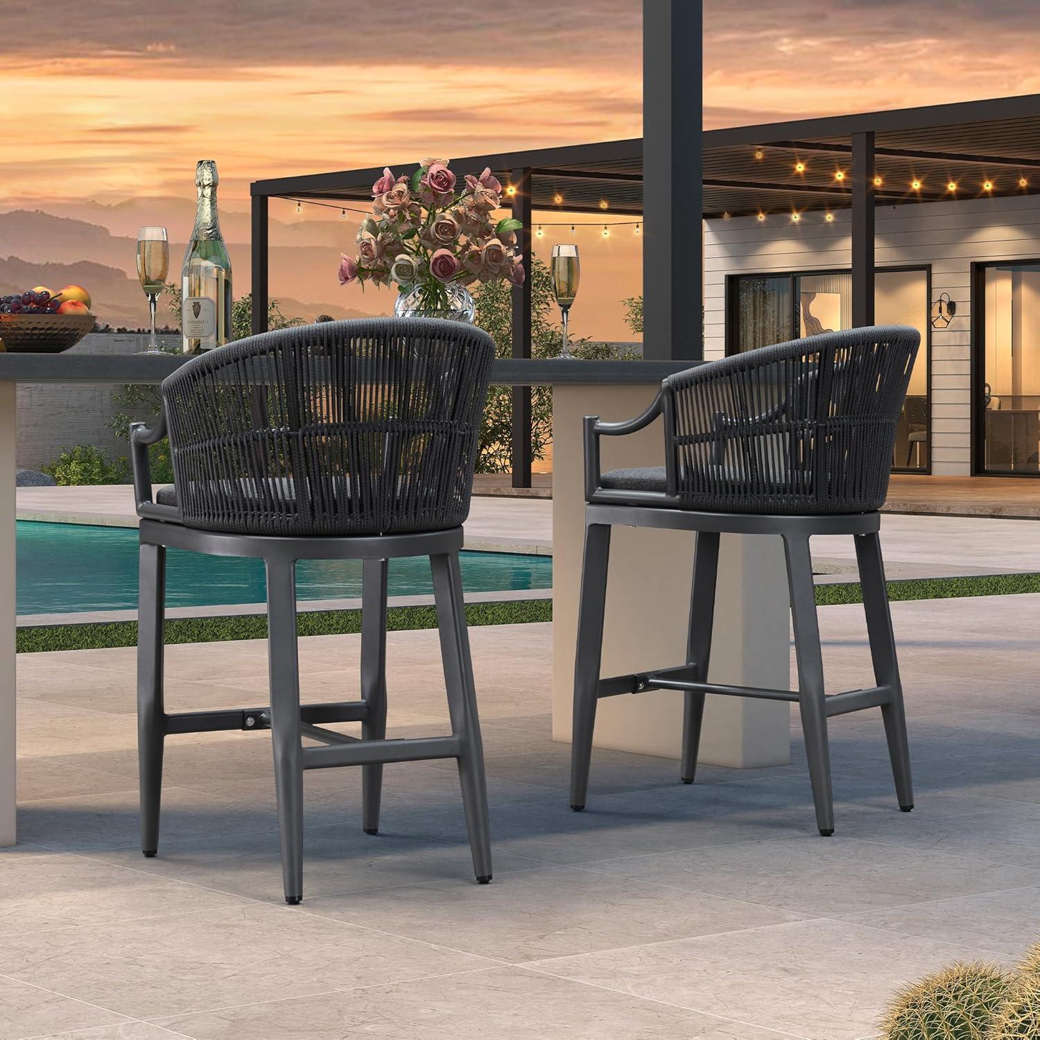 PURPLE LEAF Patio Bar Stools Set of 2 Outdoor Wicker Modern High Bar Chairs Metal Cushioned Barstools with Backs and Ergonomic Armrest for Balcony Garden Indoor Kitchen Island, Gray