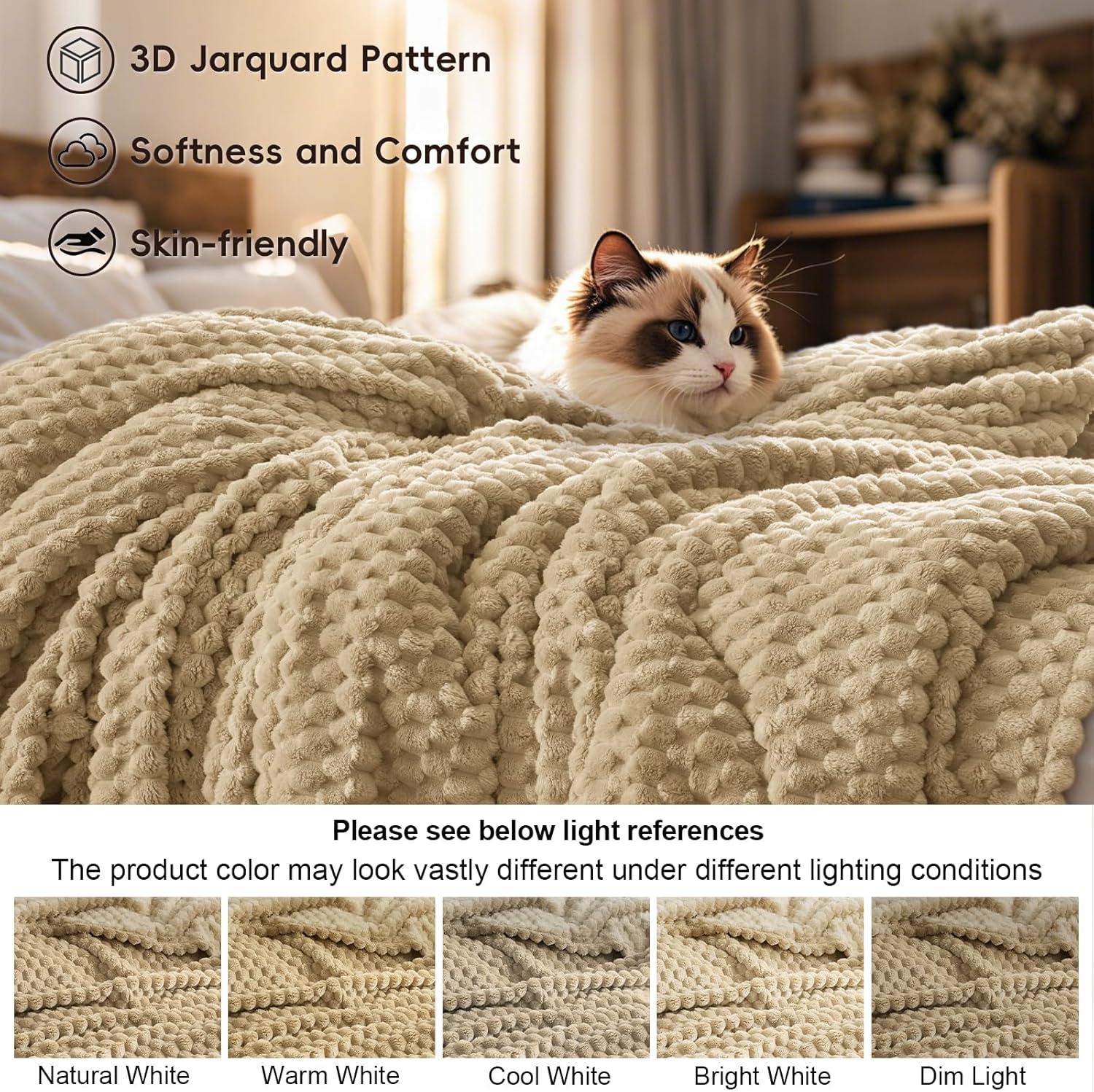 PHF Ultra Soft Flannel Fleece Blanket King Size, Lightweight 3D Jacquard Fleece Blanket, No Shedding, No Pilling, Luxury 340GSM Aesthetic Fluffy Cozy for Bed Room Decor, 108"x90", Camel/Light Khaki