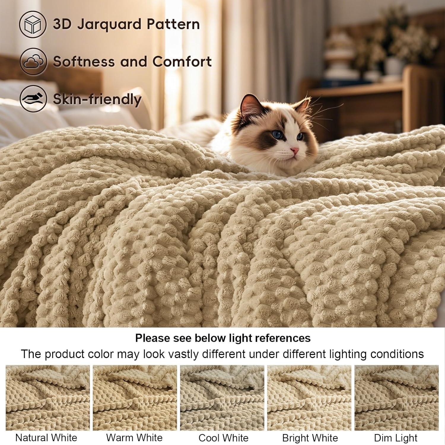 PHF Ultra Soft Flannel Fleece Blanket King Size, Lightweight 3D Jacquard Fleece Blanket, No Shedding, No Pilling, Luxury 340GSM Aesthetic Fluffy Cozy for Bed Room Decor, 108"x90", Camel/Light Khaki