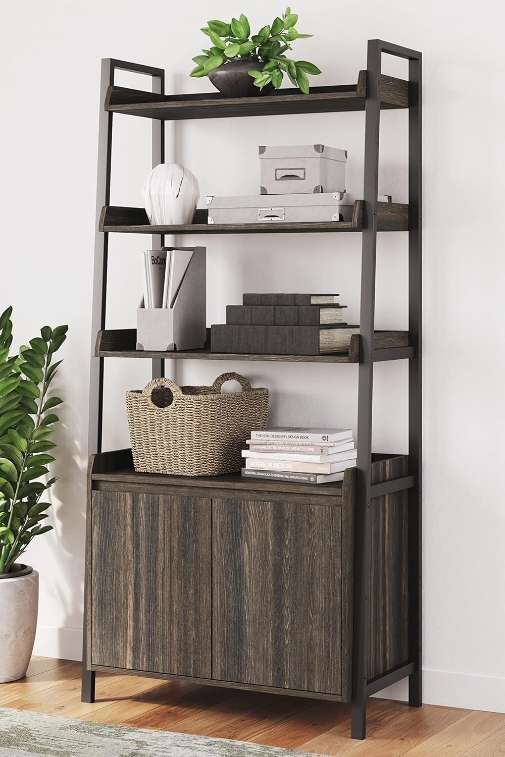 Zendex 72" Dark Brown Wood and Metal Bookcase with Cabinet